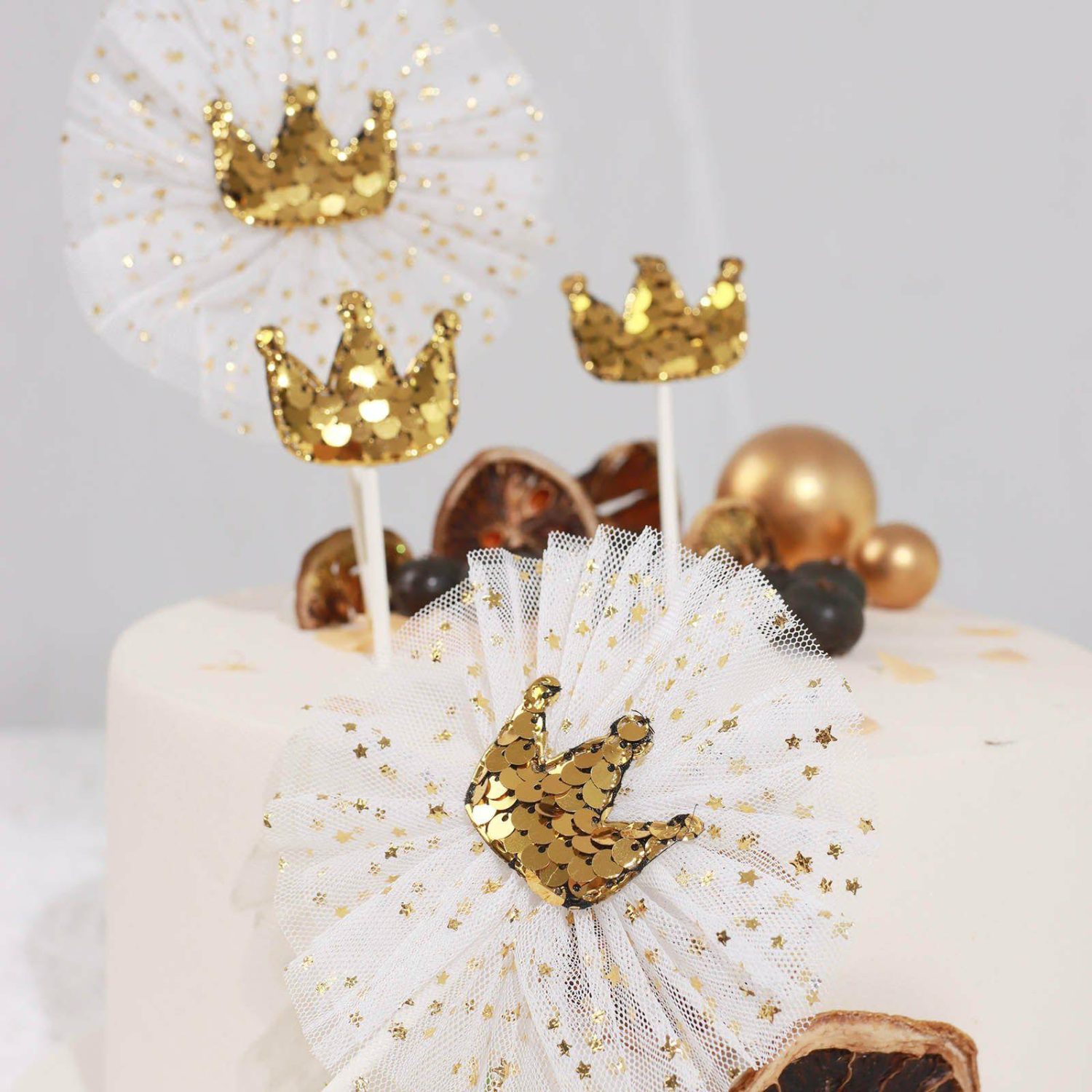 Cake Toppers | 9 Pack Gold Sequin Crown and Tutu Cupcake Cake Toppers, Princess Party Decor Supplies Cake & Dessert Table Cake Toppers