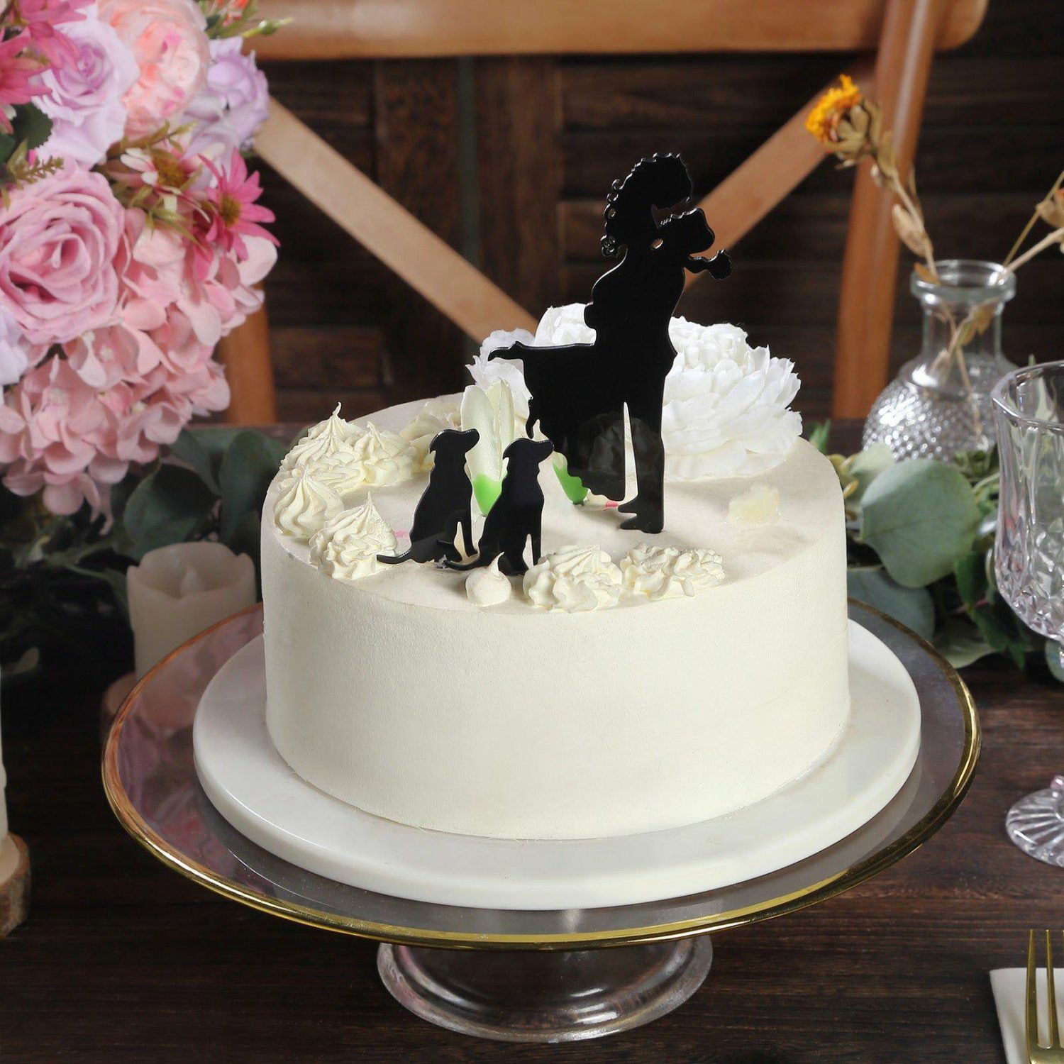 Cake Toppers | Black Silhouette of Bride, Groom and Pet Dogs Acrylic Cake Toppers, Wedding Cake Decoration Set 7″ Cake & Dessert Table Bride & Groom w/ Dogs