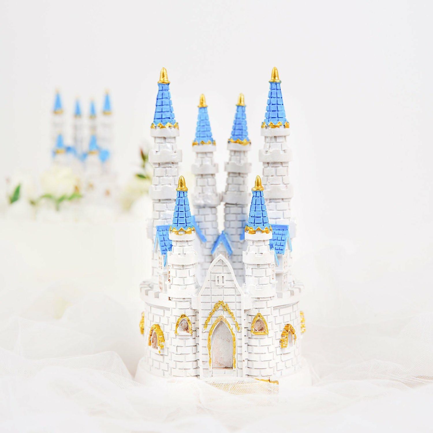 Cake Toppers | Blue / White Fairytale Princess Castle Cake Topper Figurine, Baby Shower Party Decorations 8.5″ Cake & Dessert Table Cake Toppers