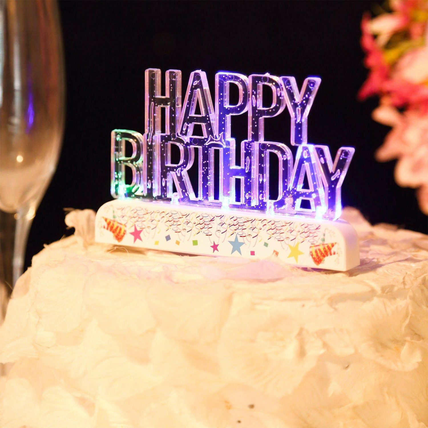 Cake Toppers | Clear Acrylic Multicolor Flashing LED Happy Birthday Cake Topper 5″x 3″ Cake & Dessert Table Cake Toppers