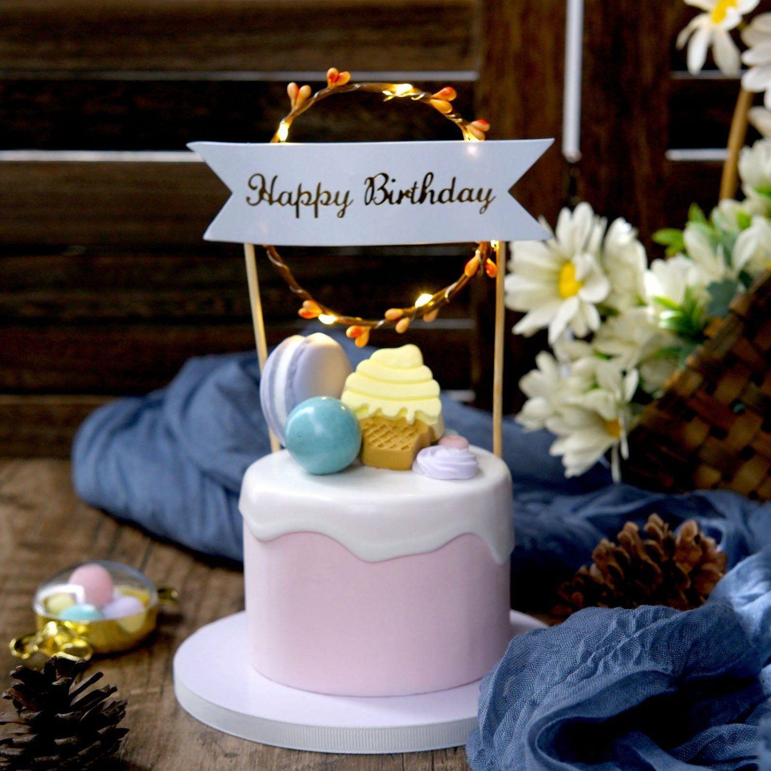 Cake Toppers | LED Light Up Wreath Happy Birthday Banner Cake Topper, Blinking Cake Decoration Cake & Dessert Table Cake Toppers