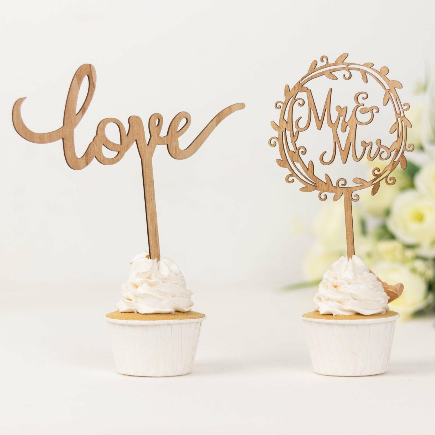 Cake Toppers | Set of 2 Natural Wooden Mr & Mrs and Love Wedding Cake Toppers, Rustic Cupcake Topper Decorations Cake & Dessert Table Cake Toppers