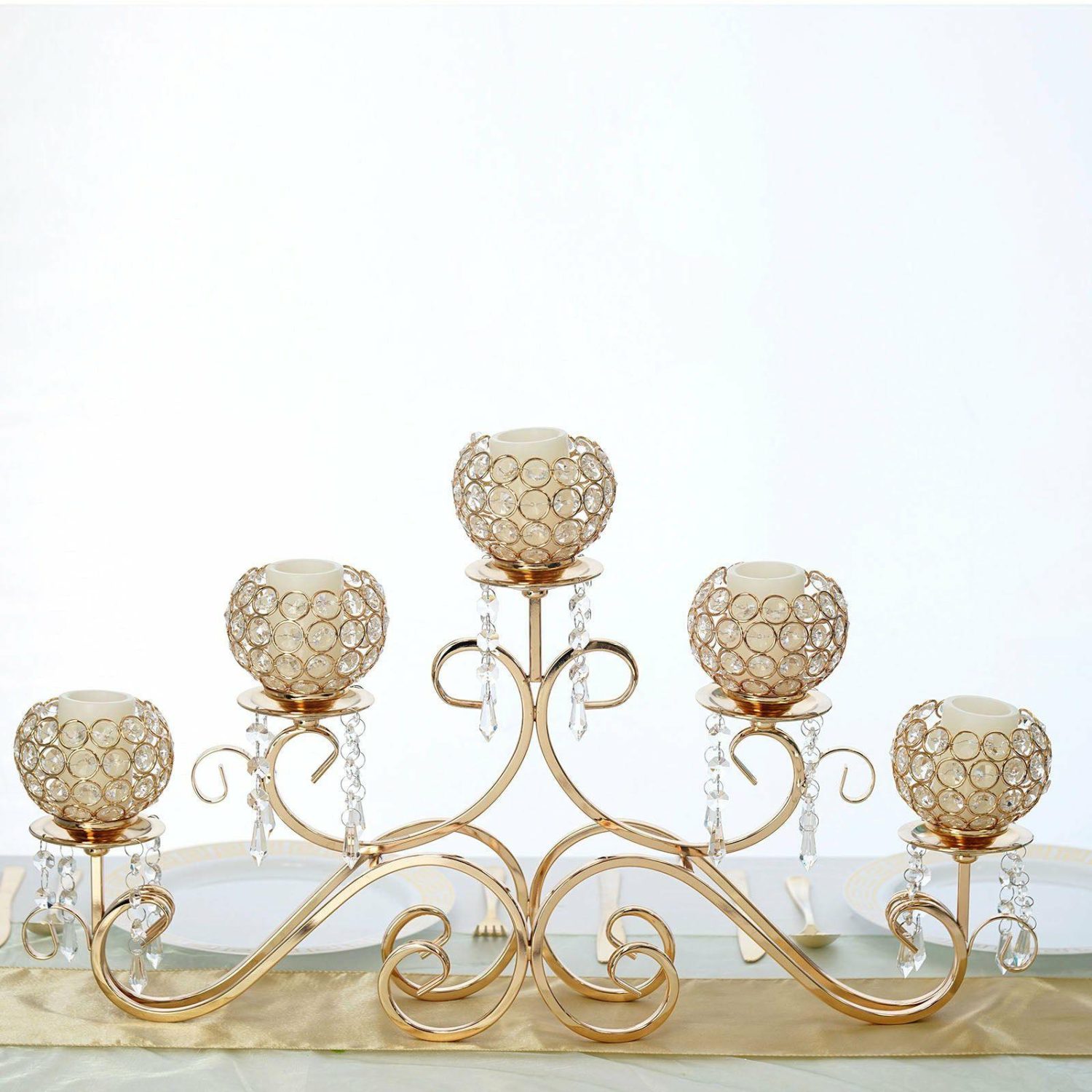 Candelabras | 5 Arm Gold Metal Crystal Horizontal Candelabra Goblet Candle Holder Stand 27″ Candelabra Candelabras