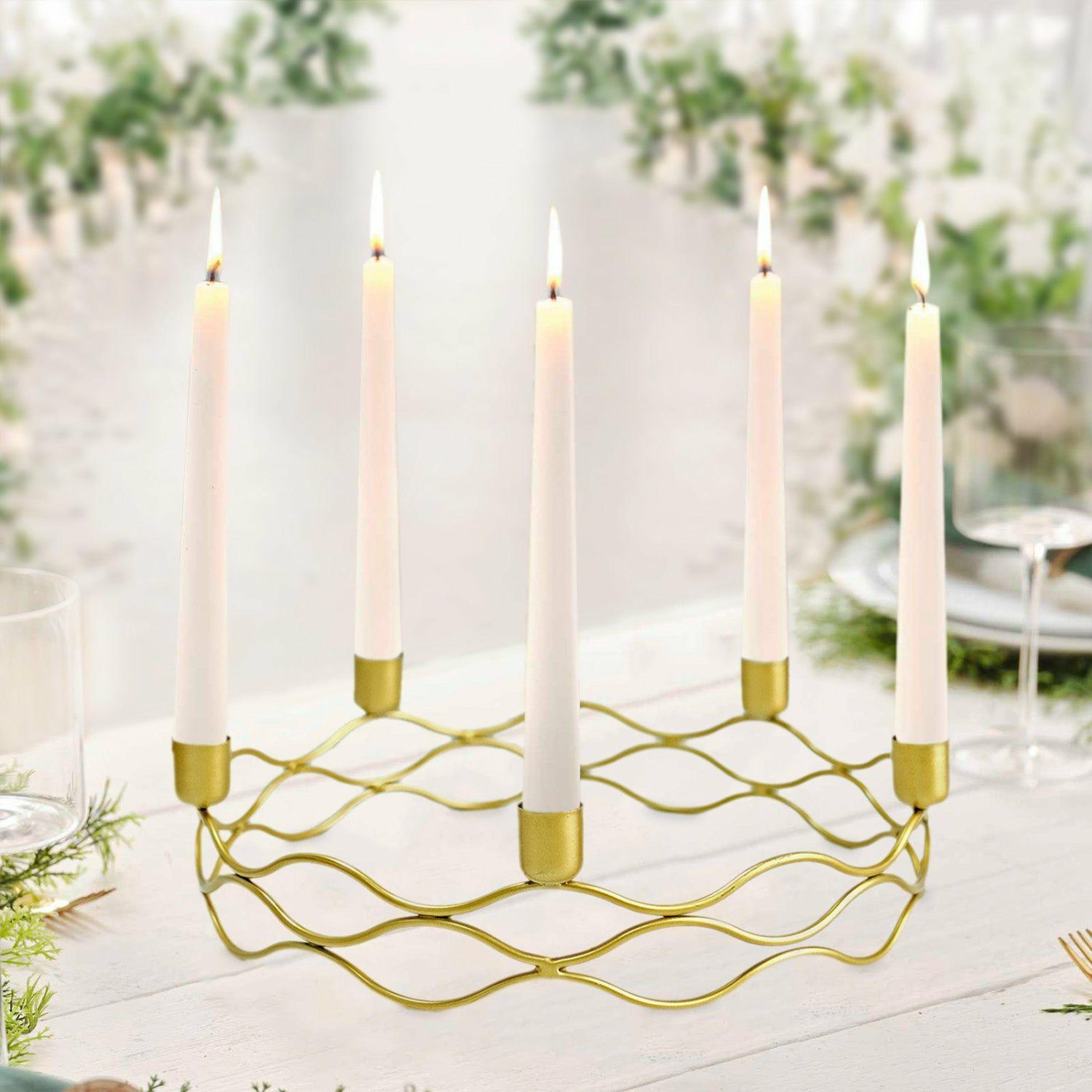 Candelabras | 5 Arm Gold Metal Taper Candle Wreath Candelabra Candlestick Holder Round 12″ Candelabra 5 Arms