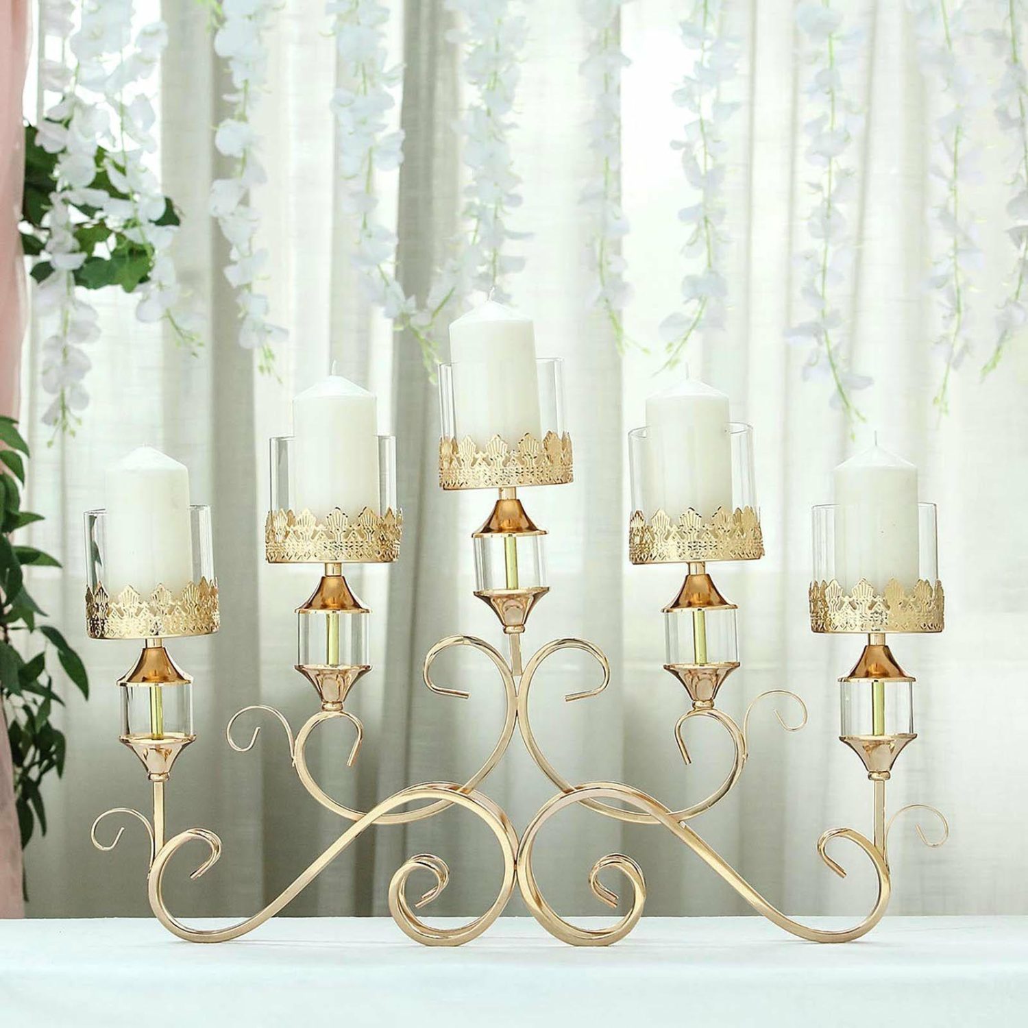 Candelabras | Antique Gold Metal 5 Arm Pillar Candle Table Candelabra, Crown Top Horizontal Centerpiece Hurricane Glass Votive Candle Holders 18″ Tall Candelabra Candelabras