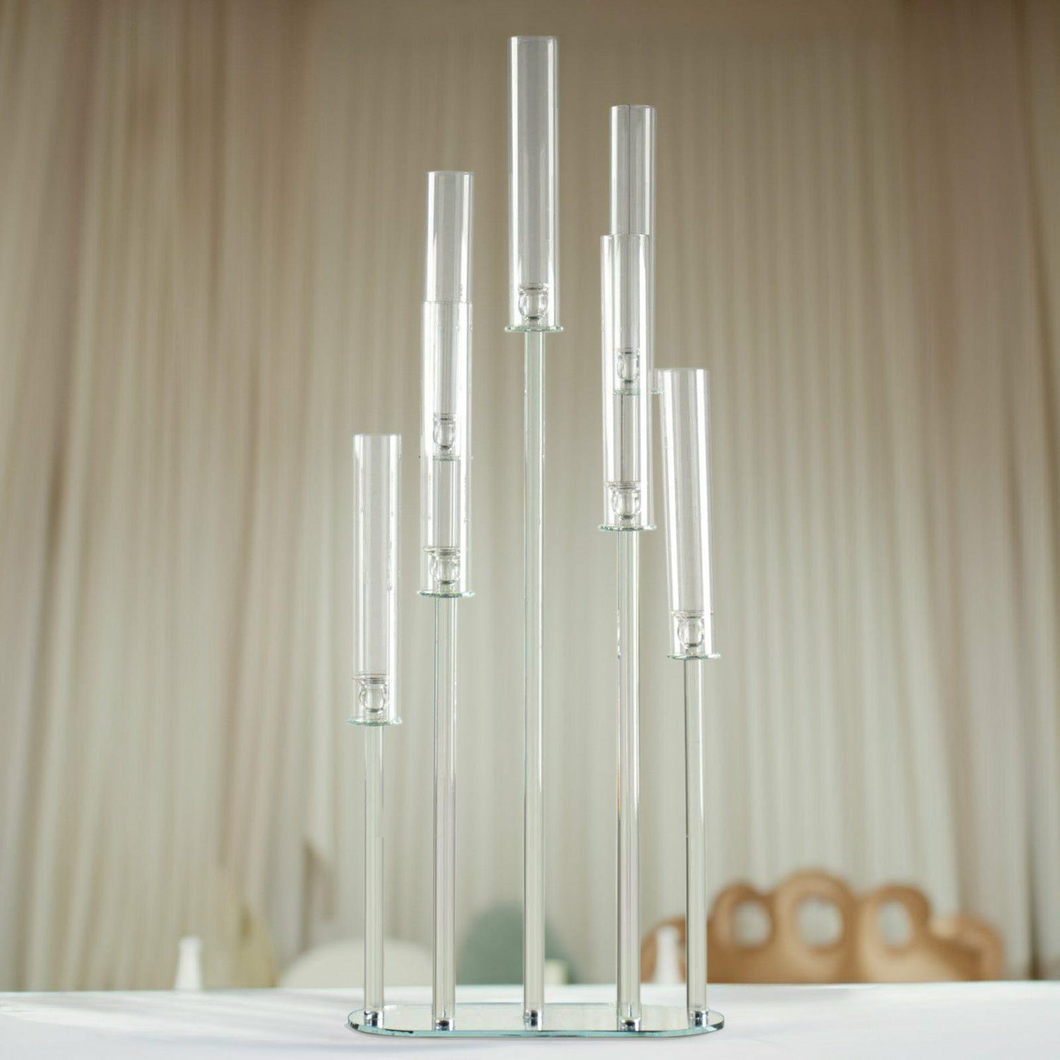 Candelabras | Clear Crystal 7-Arm Cluster Wedding Aisle Candlestick Stand With Hurricane Shades, Taper Candle Candelabra Table Centerpiece 47″ Candelabra Candelabras