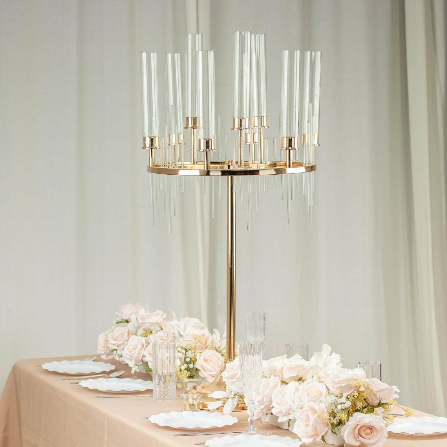 Candelabras | Gold 9 Arm Round Cluster Taper Candelabra Table Centerpiece With Drip Accents, Metal Candlestick Holder Arrangement With Clear Glass Shades 40″ Candelabra Candelabras