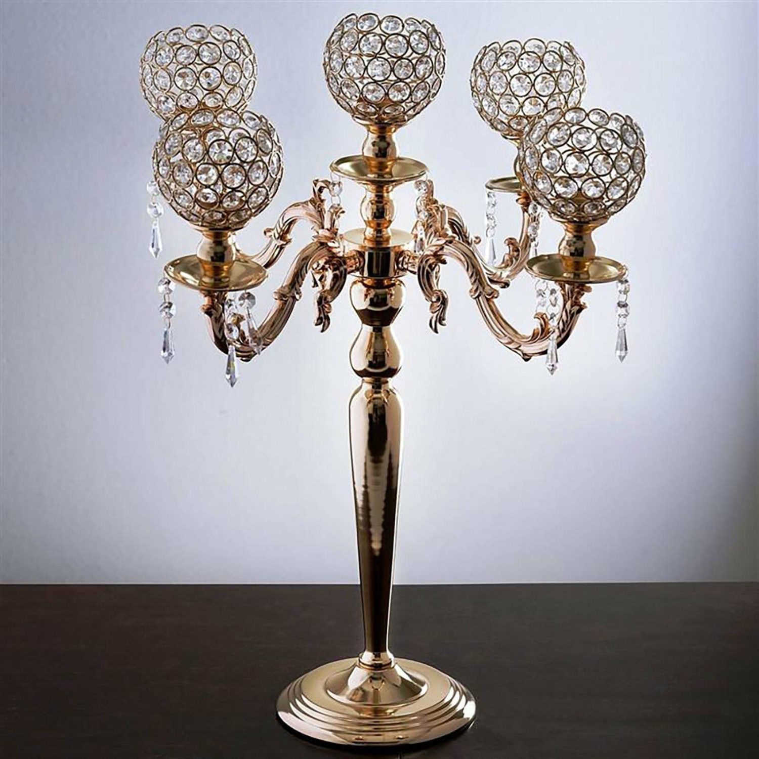 Candelabras | Gold Crystal Beaded Globe Metal Candelabra Candle Holder 25″ Tall 5 Arm Candelabra Candelabras