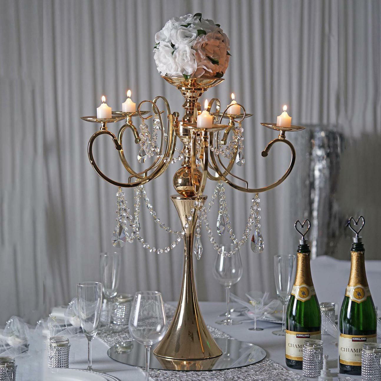 Candelabras | Gold Metal 5 Arm Candelabra Votive Candle Holder With Hanging Crystal Drops 27″ Candelabra Candelabras