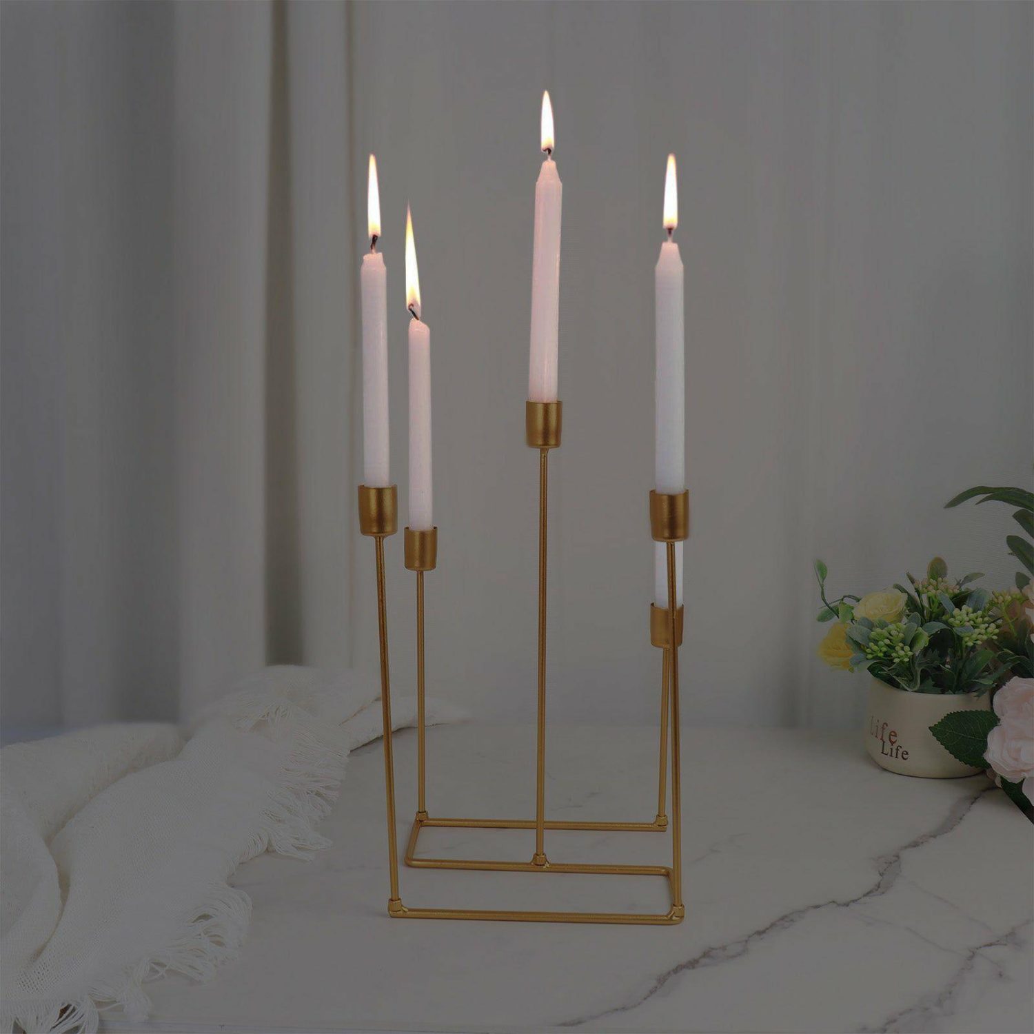 Candelabras | Gold Metal 5-Arm Geometric Taper Candle Holder Candelabra, Wedding Table Centerpiece 12″ Candelabra 5 Arms