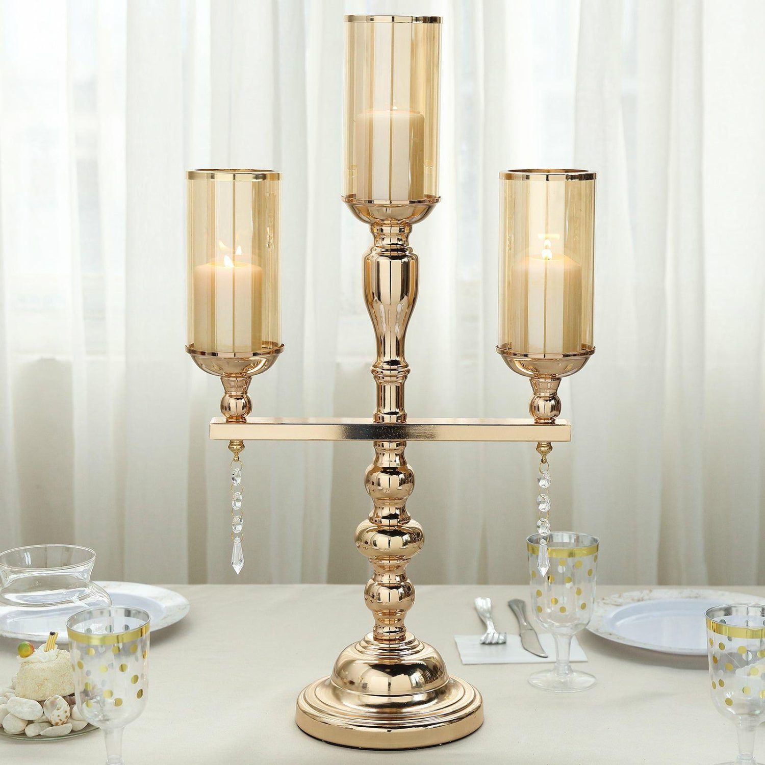 Candelabras | Gold Metal Pillar Candle Stand, Votive Candelabra With Hanging Clear Crystal Pendants 23″ Tall 3 Arm Candelabra Candelabras