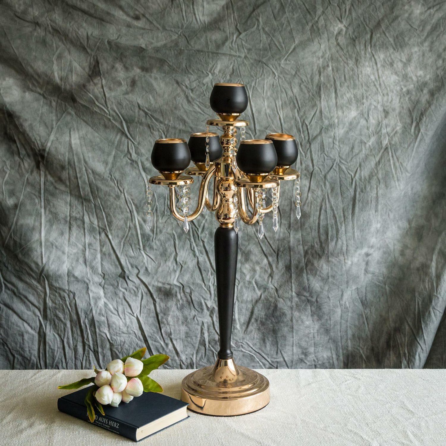 Candelabras | Gold/Black 5 Arm Metal Tealight Votive Candelabra Candle Holder Centerpiece 25″ Candelabra Candelabras