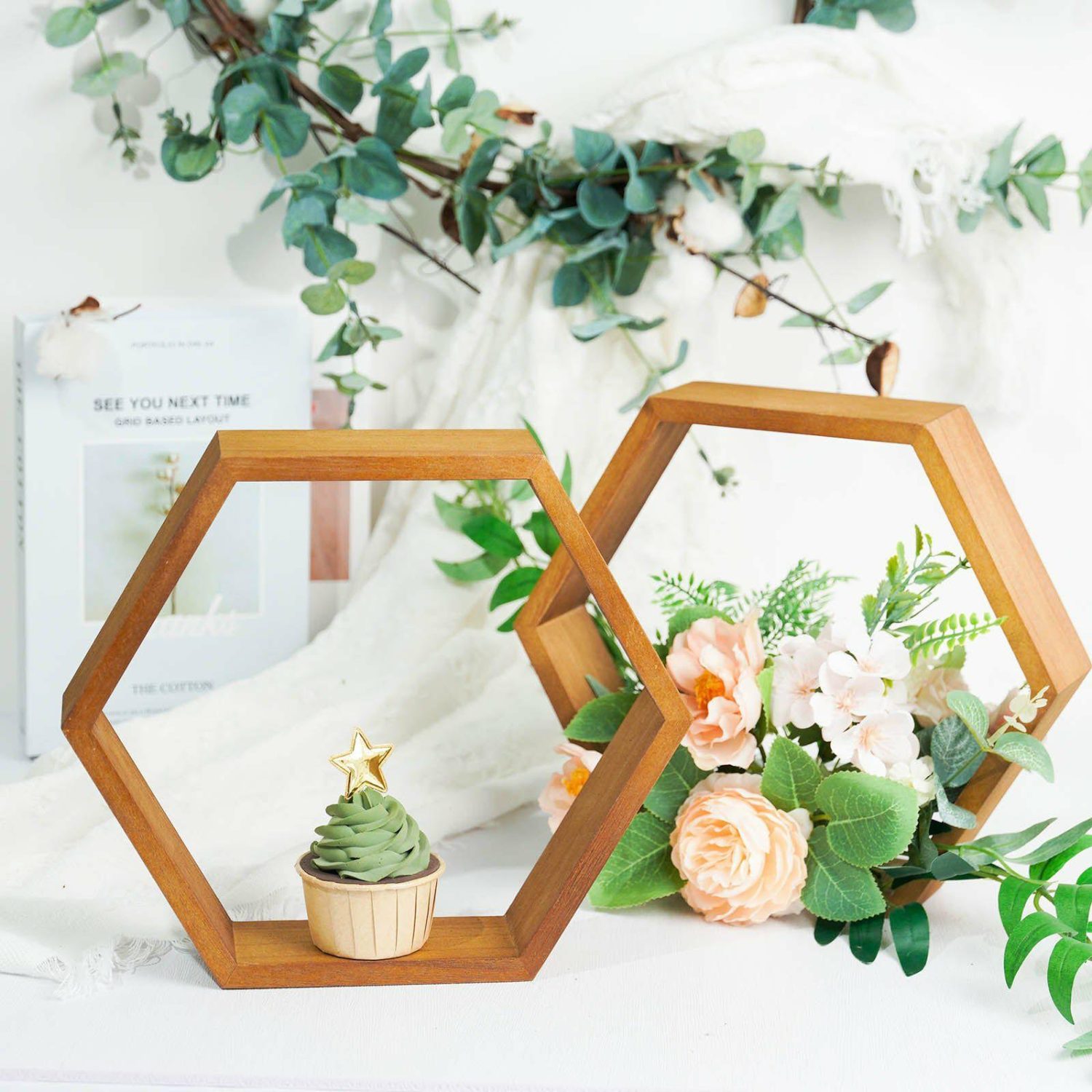 Champagne & Display Racks | 2 Pack Hexagon Rustic Wood Centerpiece Natural Geometric Terrarium Honeycomb Storage Shelf 9″ Tall Champagne & Display Racks Champagne & Display Racks