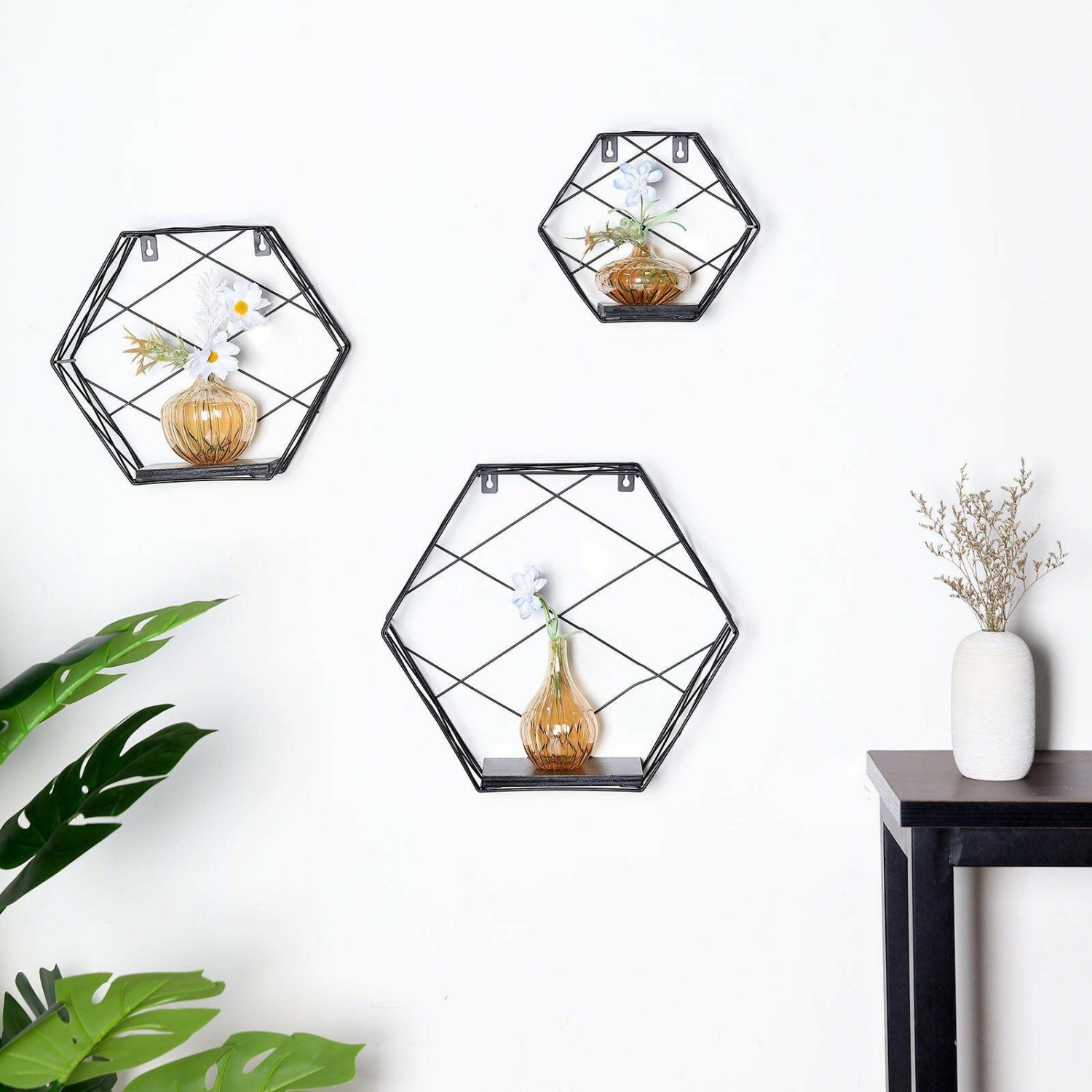 Champagne & Display Racks | 3 Pack Black Hexagonal Floating Wall Shelves, Decorative Geometric Wall Mounted Shelves 9″,12″,14″ Champagne & Display Racks Black