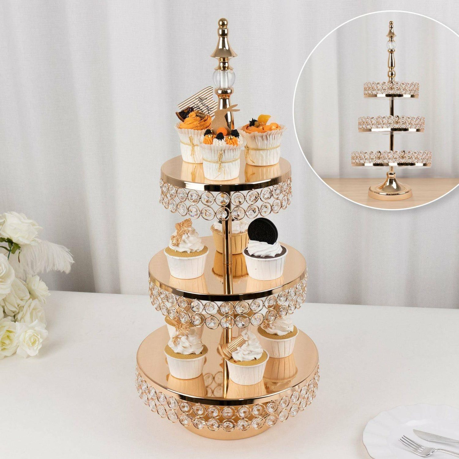 Champagne & Display Racks | 3-Tier Crystal Beaded Gold Metal Cake Stand, Cupcake Tower Dessert Display Stand with Round Mirror Top – 26″ Tall Champagne & Display Racks Champagne & Display Racks