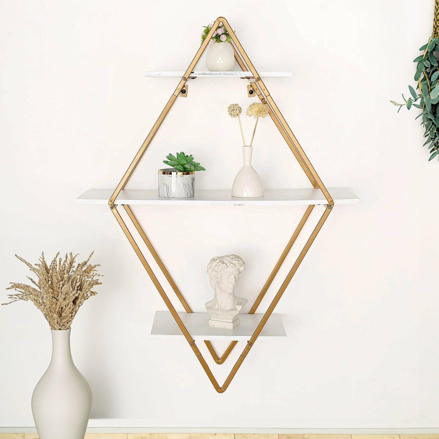 Champagne & Display Racks | Geometric Diamond Shaped 3-Tier Gold Metal Dessert Cupcake Stand Rack, Wall Hanging Display Shelf Display, Book Shelf With White Wood Panels 31″ Champagne & Display Racks Champagne & Display Racks