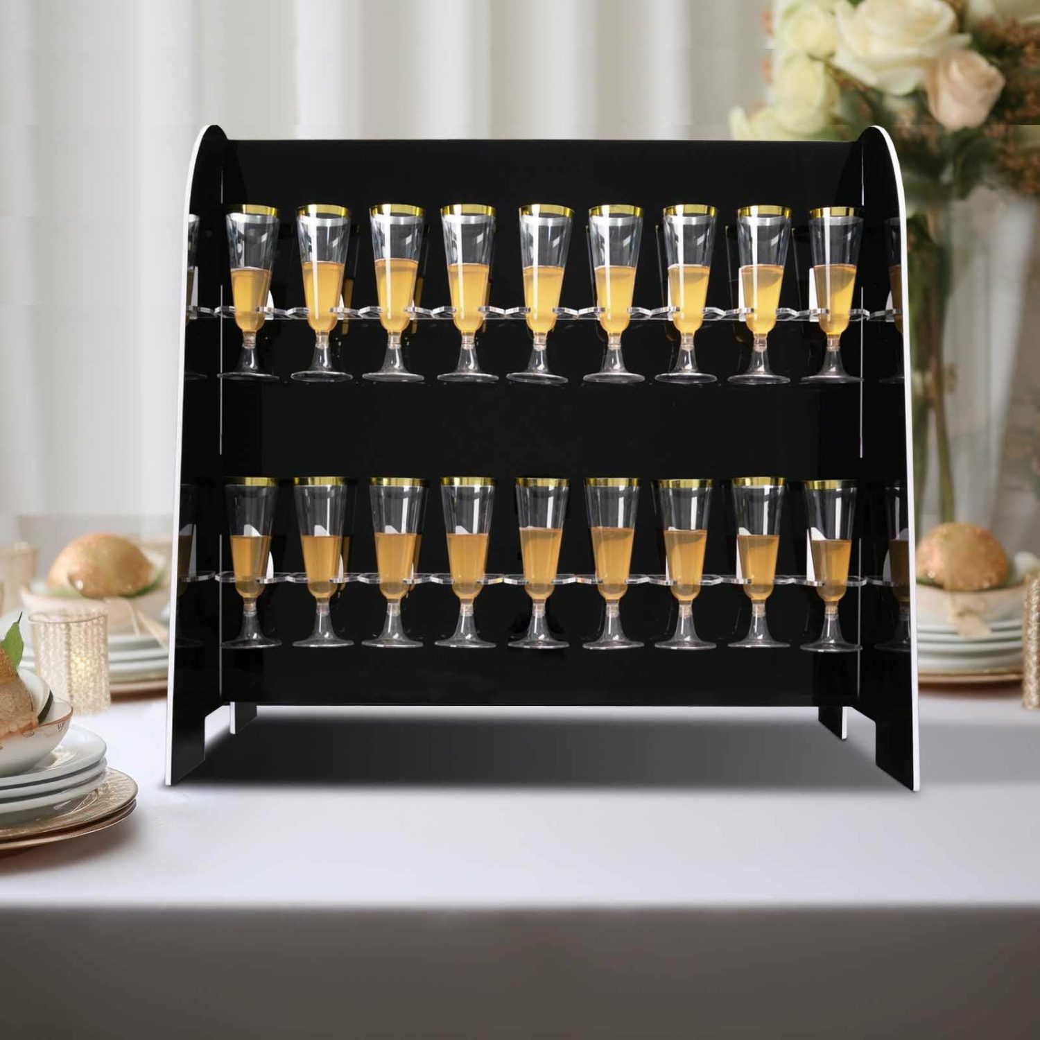 Champagne & Display Racks | Glossy Black 2-Tier Table Top Cocktail Rack, 18 Champagne Glass Display Stand 25″ Champagne & Display Racks Black