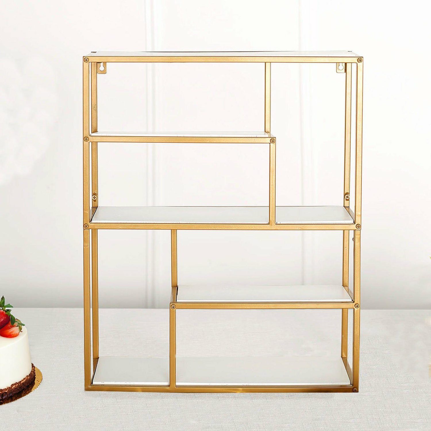 Champagne & Display Racks | Gold Metal 4-Tier Dessert Cupcake Stand, Wall Hanging Shelf Display Rack, Book Shelf With White Wood Panels 22″ Champagne & Display Racks Champagne & Display Racks