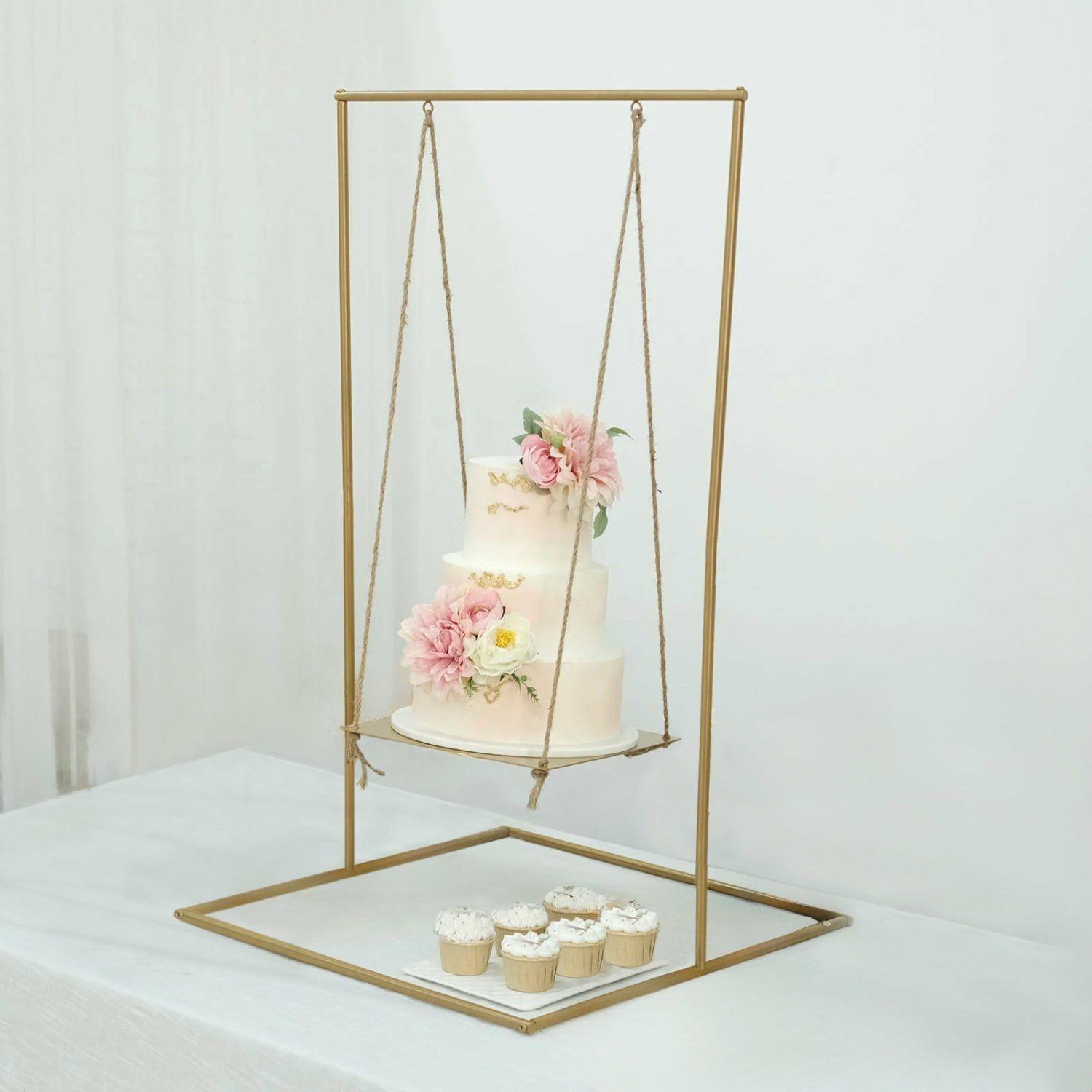 Champagne & Display Racks | Gold Metal Hanging Dessert Display Centerpiece with Jute Rope, Cake Stand Swing 3ft Tall Champagne & Display Racks Champagne & Display Racks