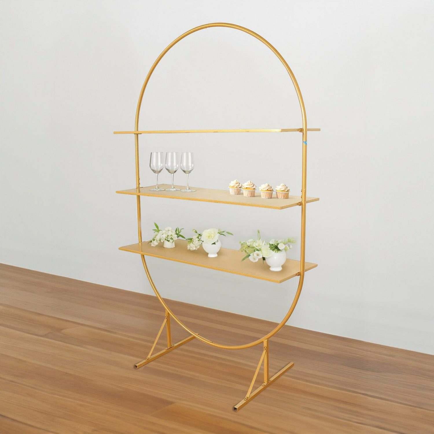 Champagne & Display Racks | Large 3-Tier Gold Metal Arch Cupcake Dessert Display Stand, Floor Standing Oval Cake Stand Shelf Rack – 6.5ft Champagne & Display Racks Champagne & Display Racks