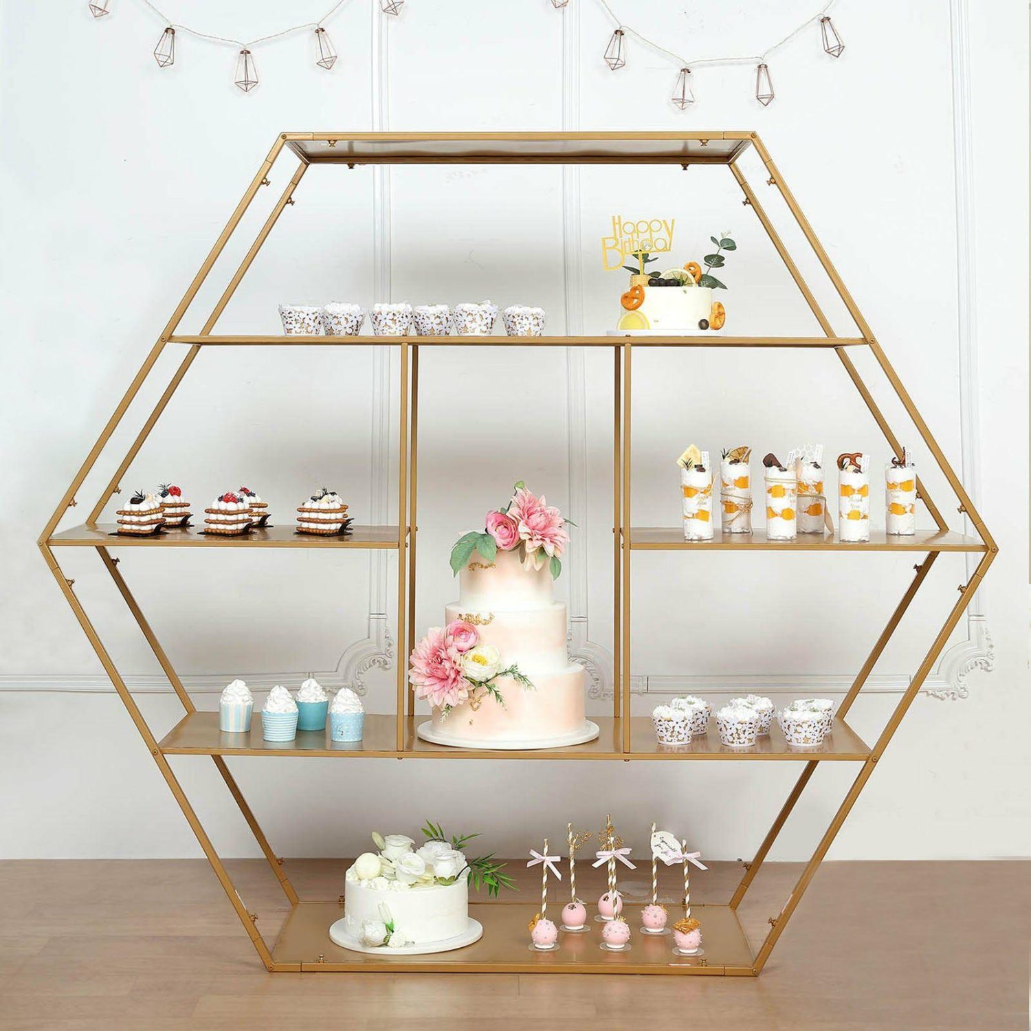 Champagne & Display Racks | Large Gold Metal Hexagonal Cake Dessert Display Stand, Wedding Arch Backdrop, Balloons Rack, Modern Bookcase 4ft Champagne & Display Racks Champagne & Display Racks