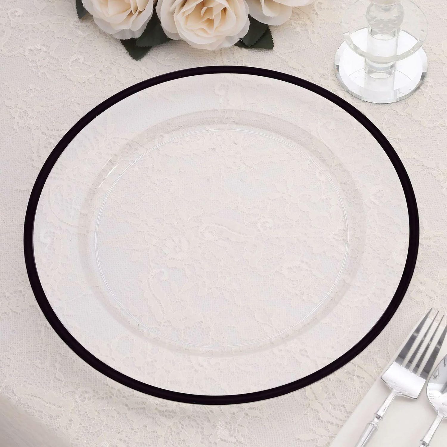 Charger Plates | 10 Pack Clear Economy Plastic Charger Plates With Black Rim, Round Dinner Chargers Event Tabletop Decor – 12″ Charger Plates Black