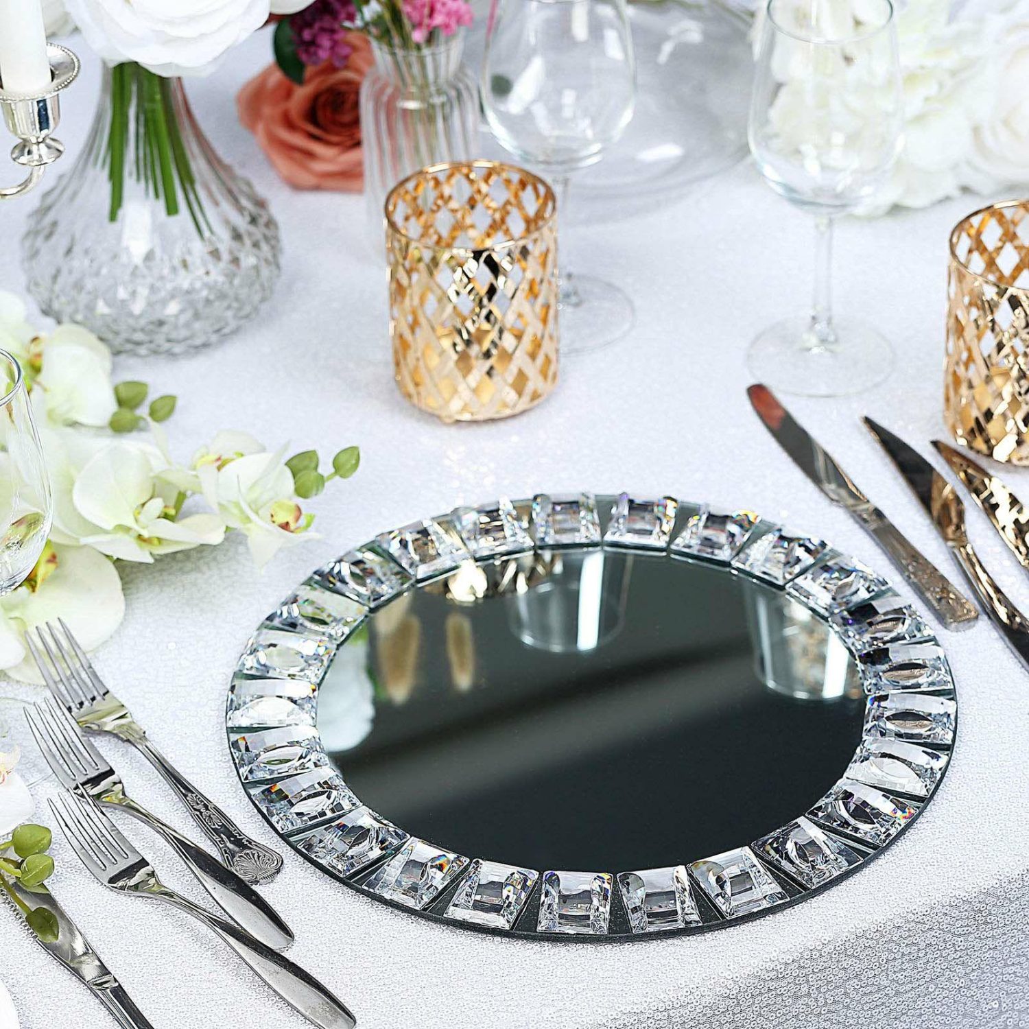 Charger Plates | 2 Pack Silver Jeweled Rim Premium Glass Mirror Charger Plates 13″ Charger Plates Charger Plates