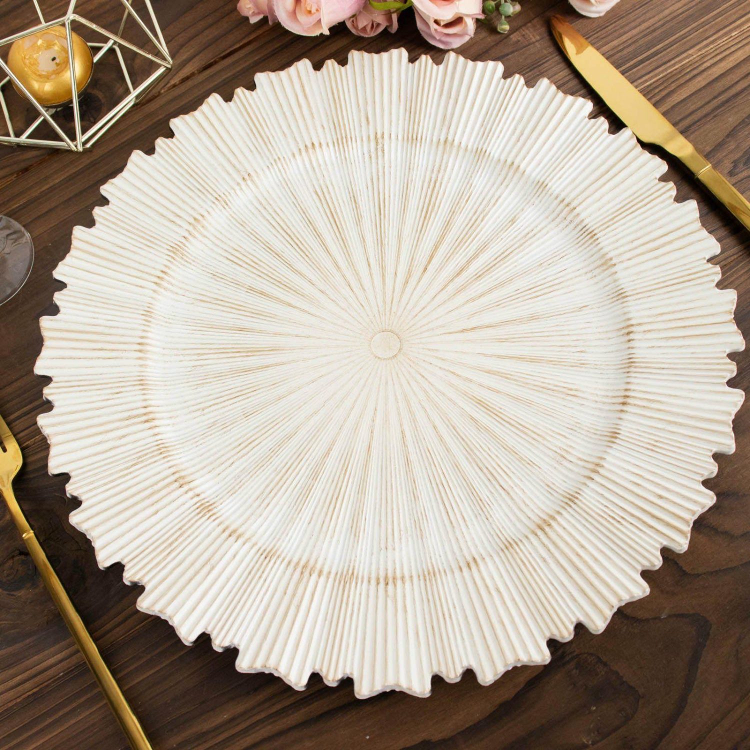 Charger Plates | 6 Pack Antique White Sunray Acrylic Plastic Serving Plates, Round Scalloped Rim Disposable Charger Plates 13″ Charger Plates Antique White