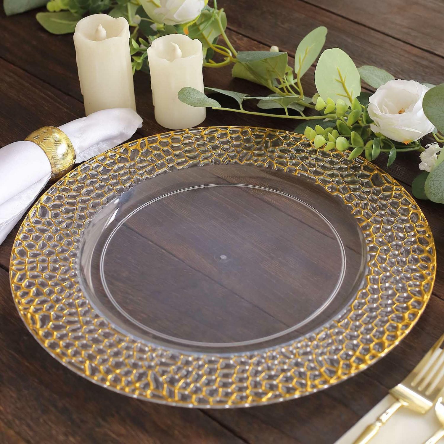 Charger Plates | 6 Pack Clear Acrylic Charger Plates With Gold Hammered Rim, 13″ Round Plastic Decorative Serving Plates Charger Plates Charger Plates