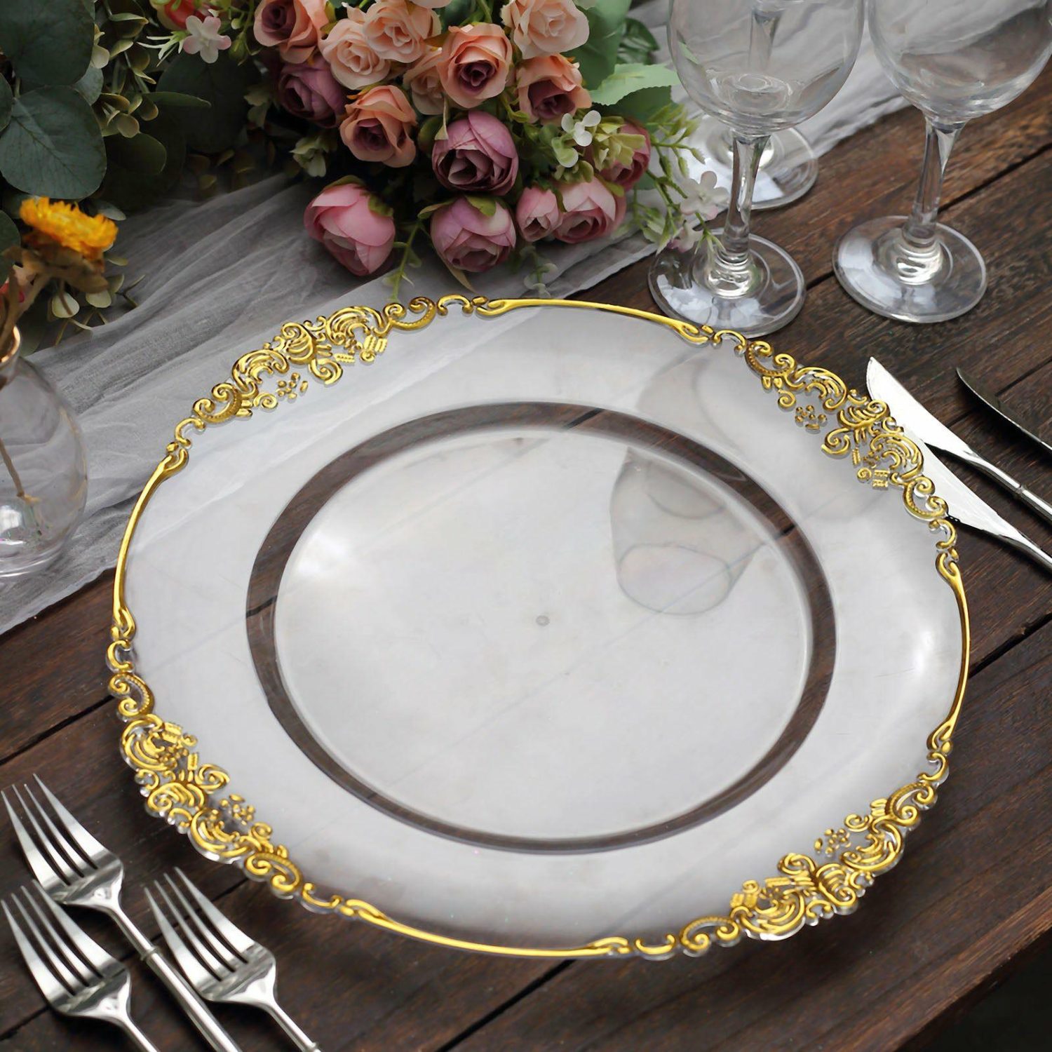 Charger Plates | 6 Pack Clear Gold Embossed Baroque Round Charger Plates With Antique Design Rim 13″ Charger Plates Charger Plates