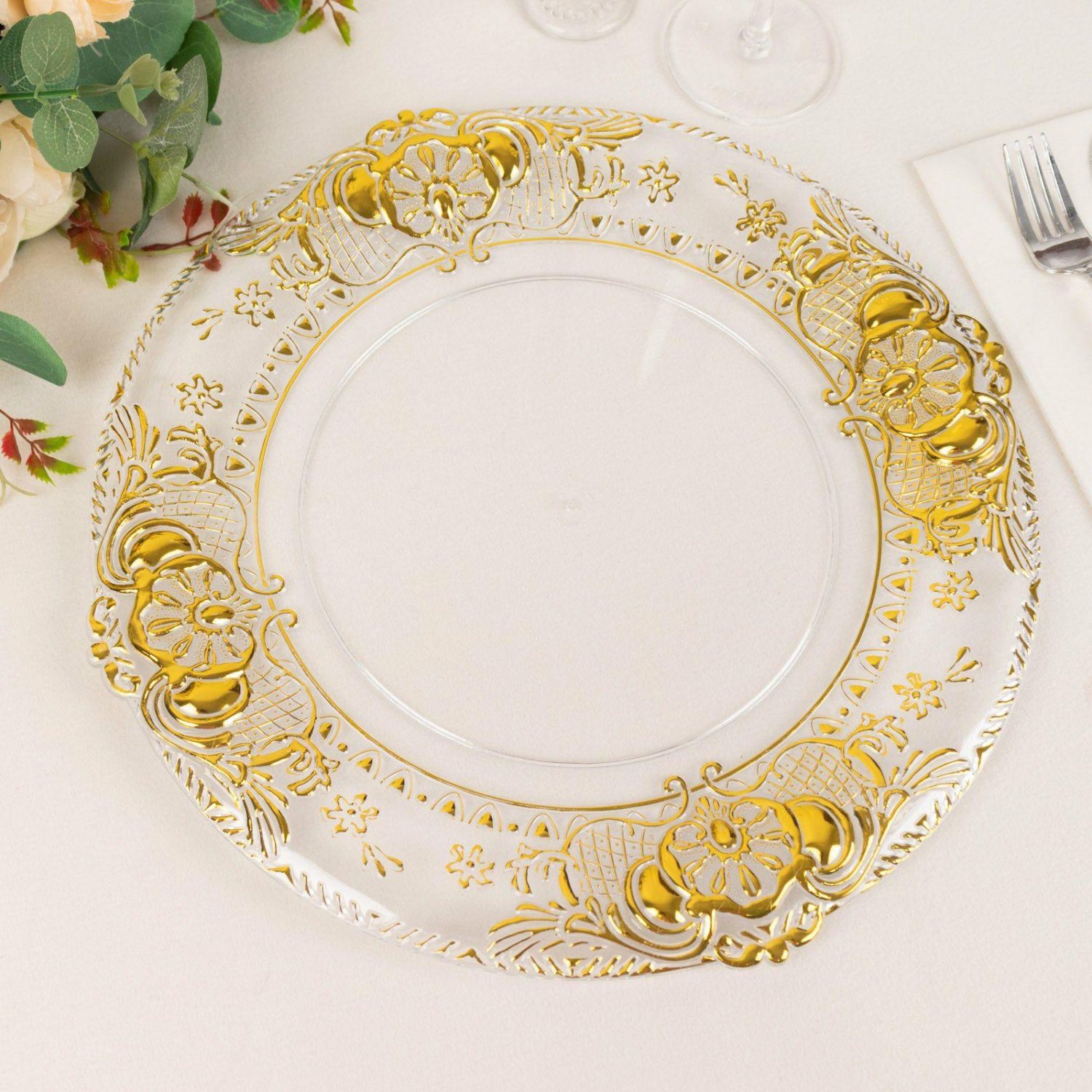 Charger Plates | 6 Pack Clear Plastic Dinner Charger Plates With Gold Florentine Style Embossed Rim, Round Decorative Serving Trays – 13″ Charger Plates Charger Plates