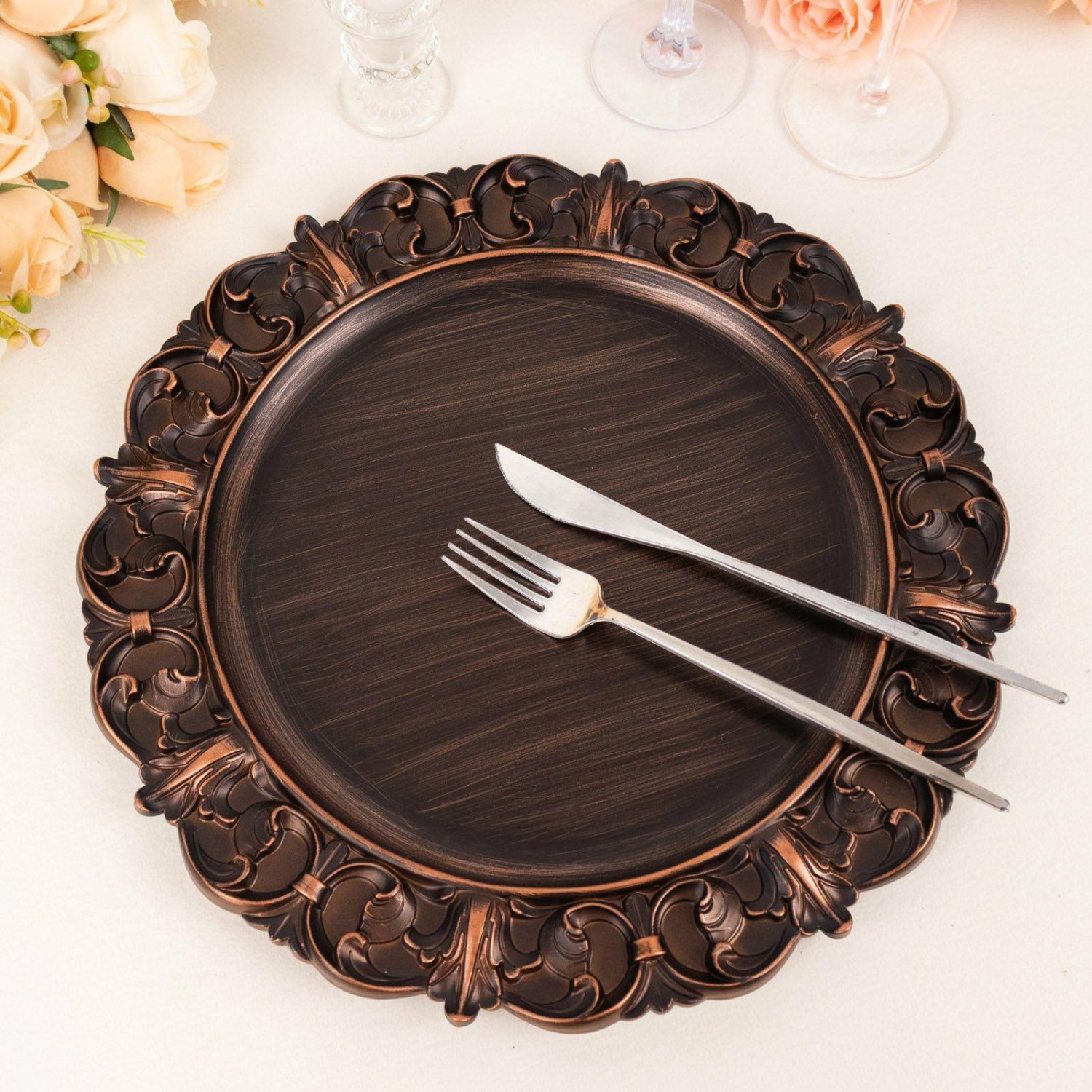 Charger Plates | 6 Pack Dark Brown Aristocrat Style Acrylic Charger Plates With Ornate Embossed Rim, Round Retro Baroque Plastic Serving Plates 13″ Charger Plates Charger Plates