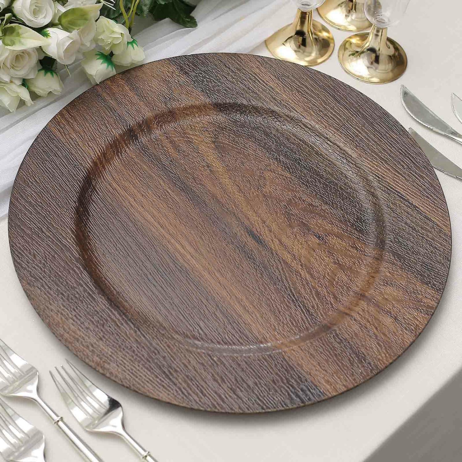 Charger Plates | 6 Pack Dark Brown Boho Chic Faux Wood Plastic Charger Plates, Round Rustic Wedding Party Service Plates 13″ Charger Plates Charger Plates