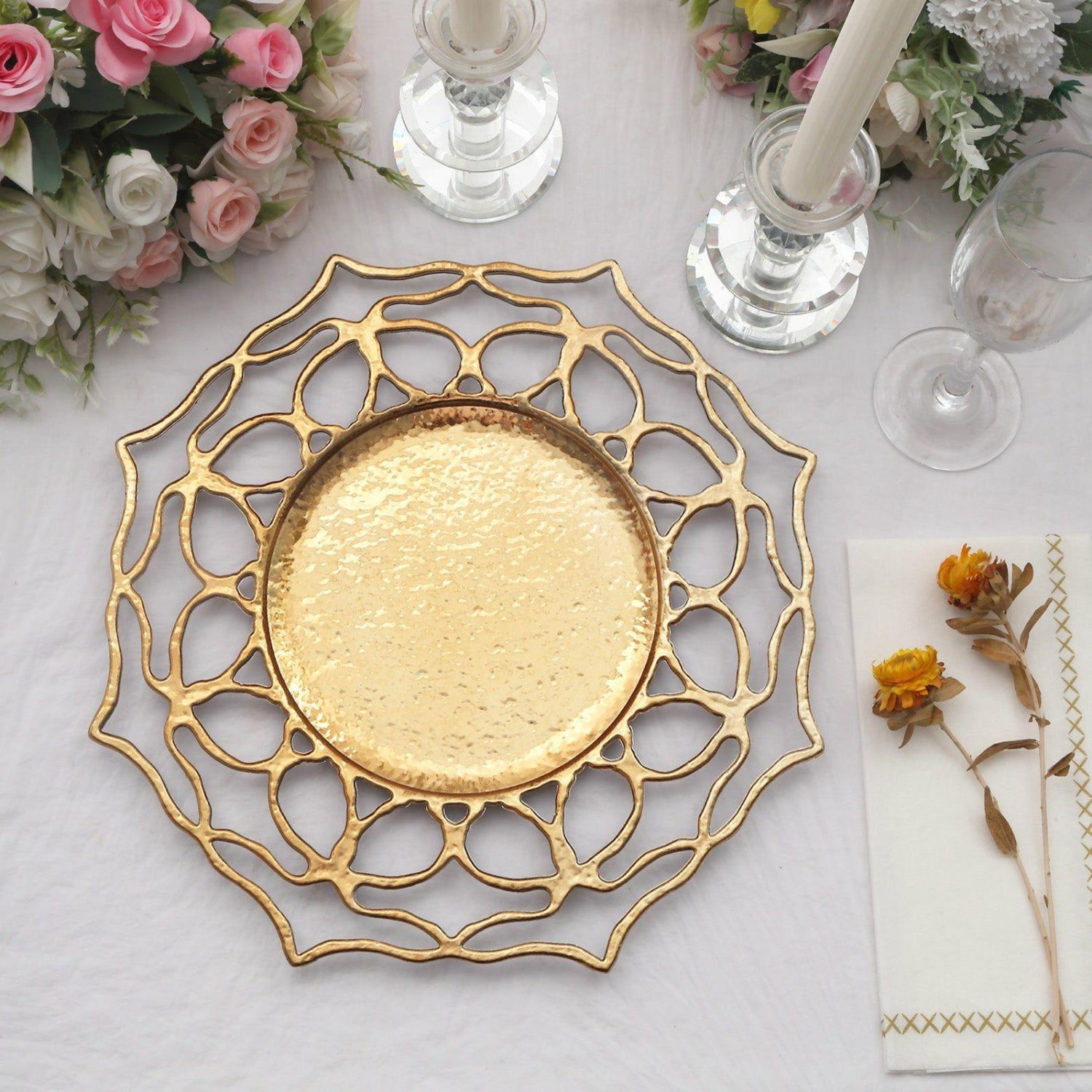 Charger Plates | 6 Pack Gold Floral Cutout Acrylic Charger Plates, Hollow Flower Decorative Plastic Serving Plates 13″ Charger Plates Charger Plates