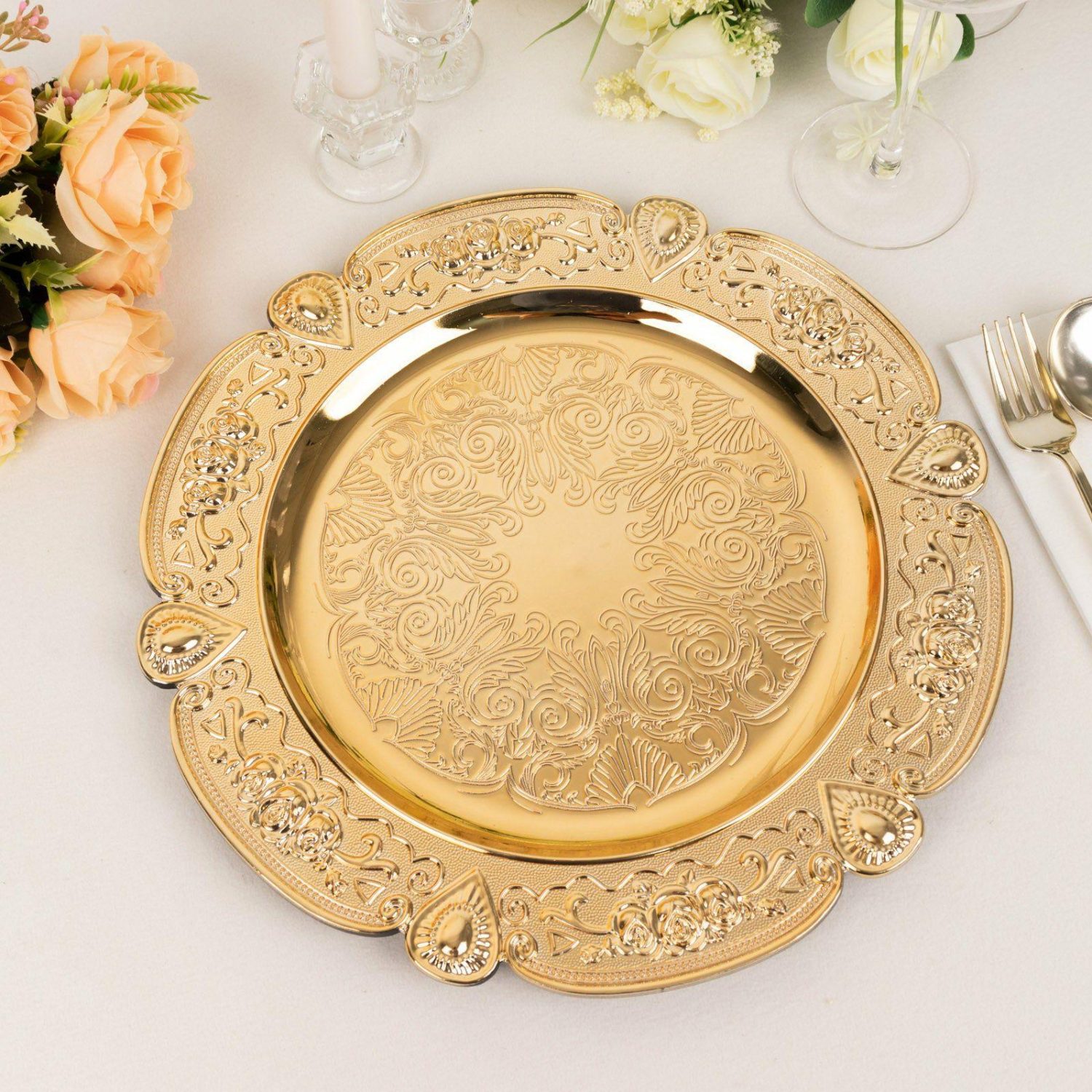 Charger Plates | 6 Pack Gold Floral Embossed Acrylic Charger Plates With Scalloped Rim, 13″ Round Plastic Decorative Serving Plates Charger Plates Charger Plates