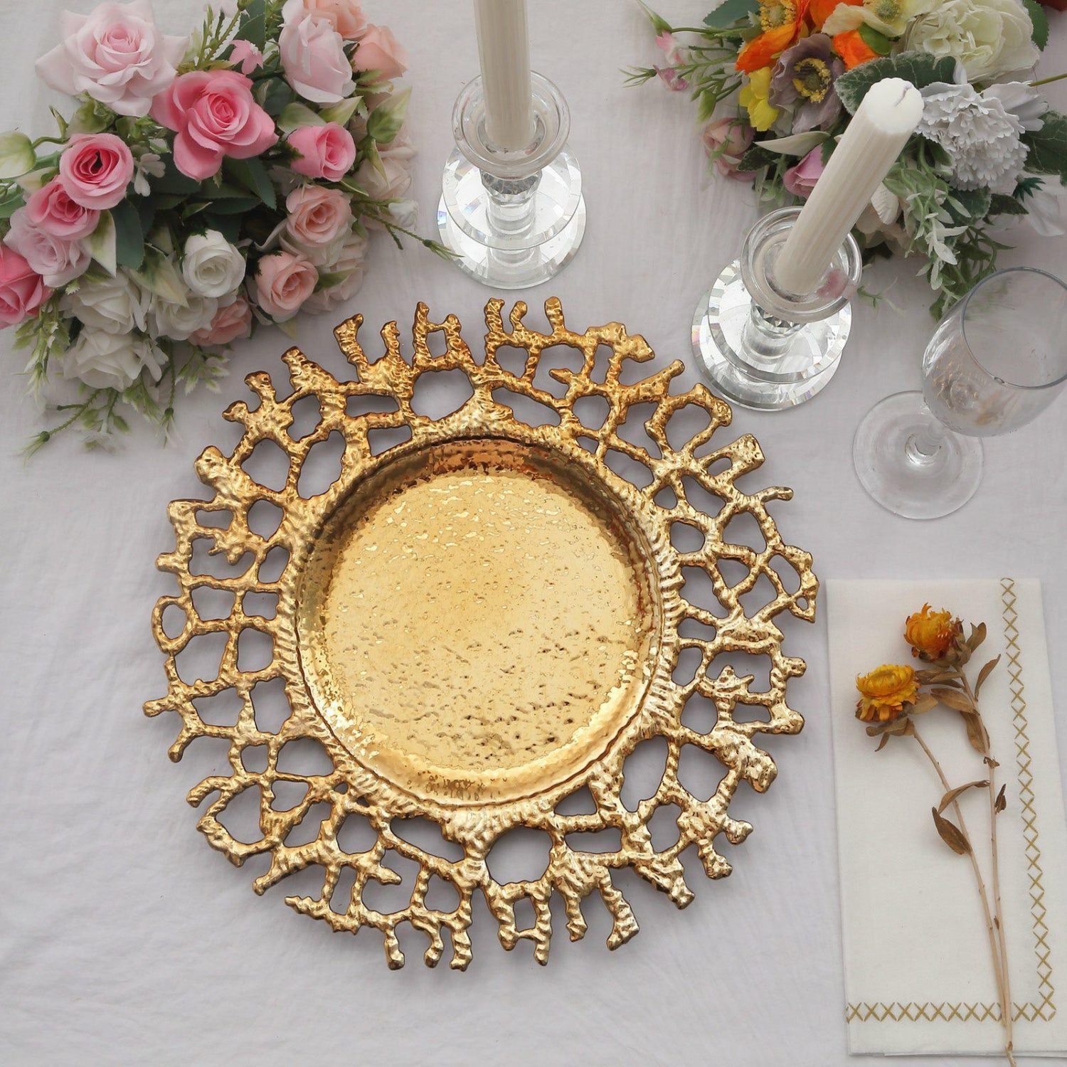 Charger Plates | 6 Pack Gold Molten Branch Acrylic Charger Plates, Decorative Plastic Hollow Lace Serving Plates 13″ Charger Plates Charger Plates