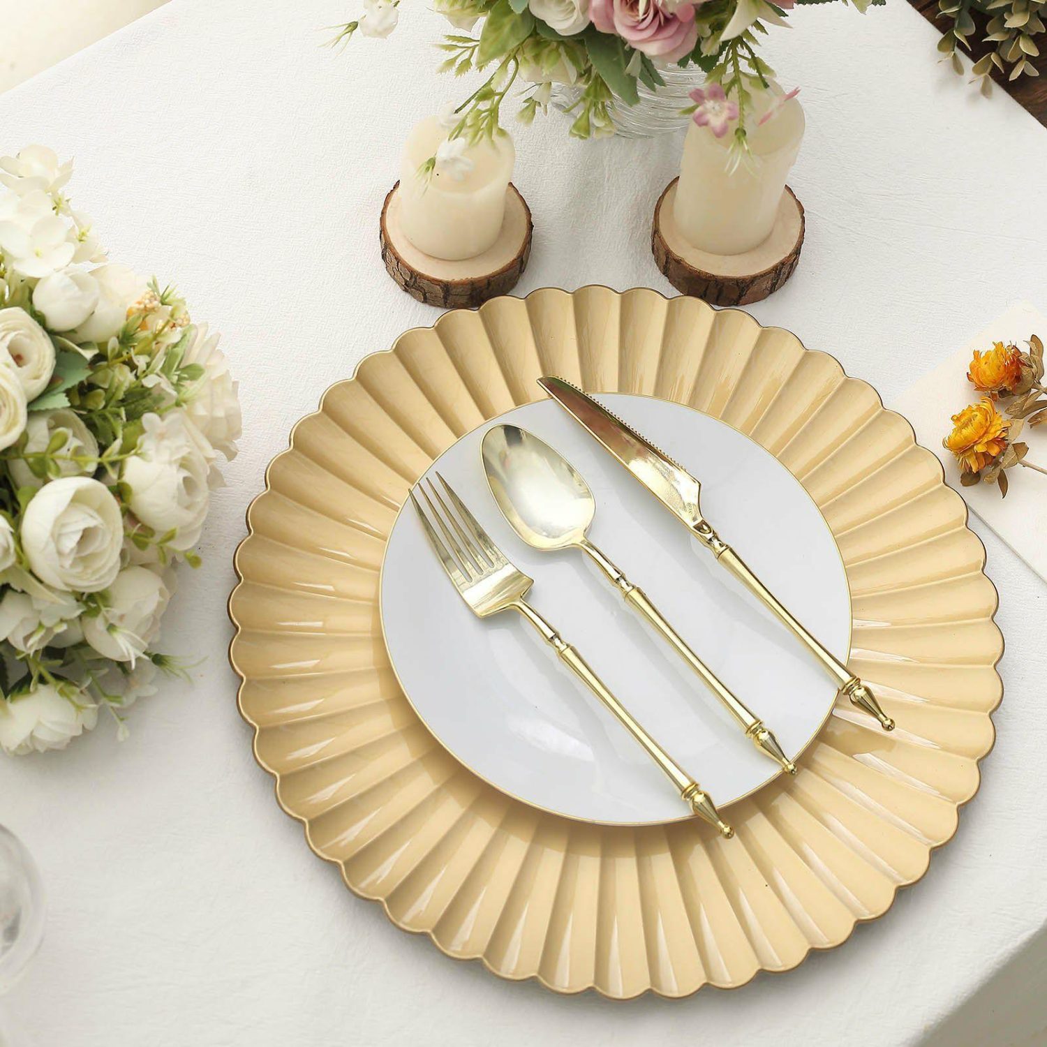 Charger Plates | 6 Pack Gold Scalloped Shell Pattern Plastic Serving Plates, Round Disposable Charger Plates 13″ Charger Plates Charger Plates