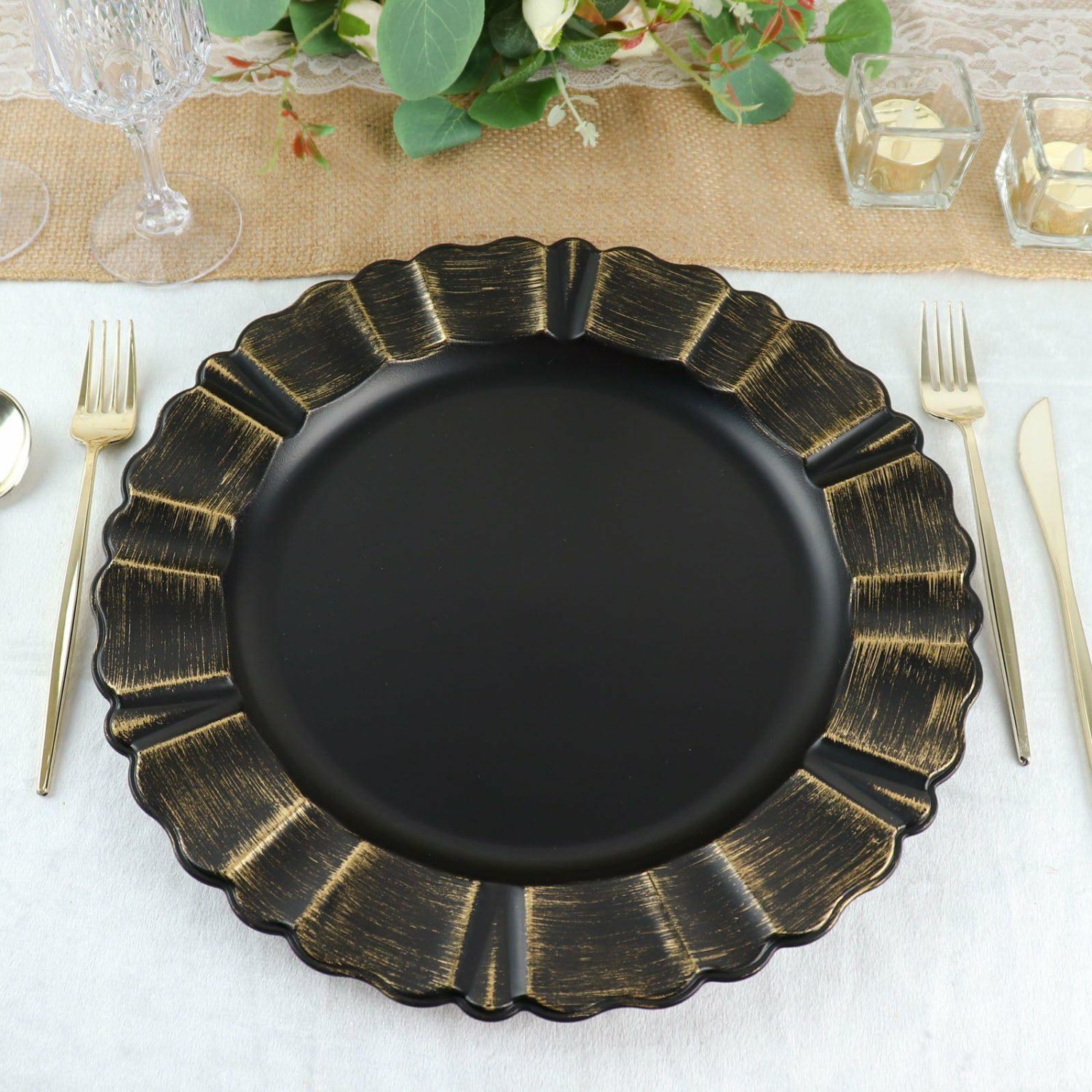 Charger Plates | 6 Pack Matte Black Acrylic Plastic Charger Plates With Gold Brushed Wavy Scalloped Rim 13″ Round Charger Plates Charger Plates