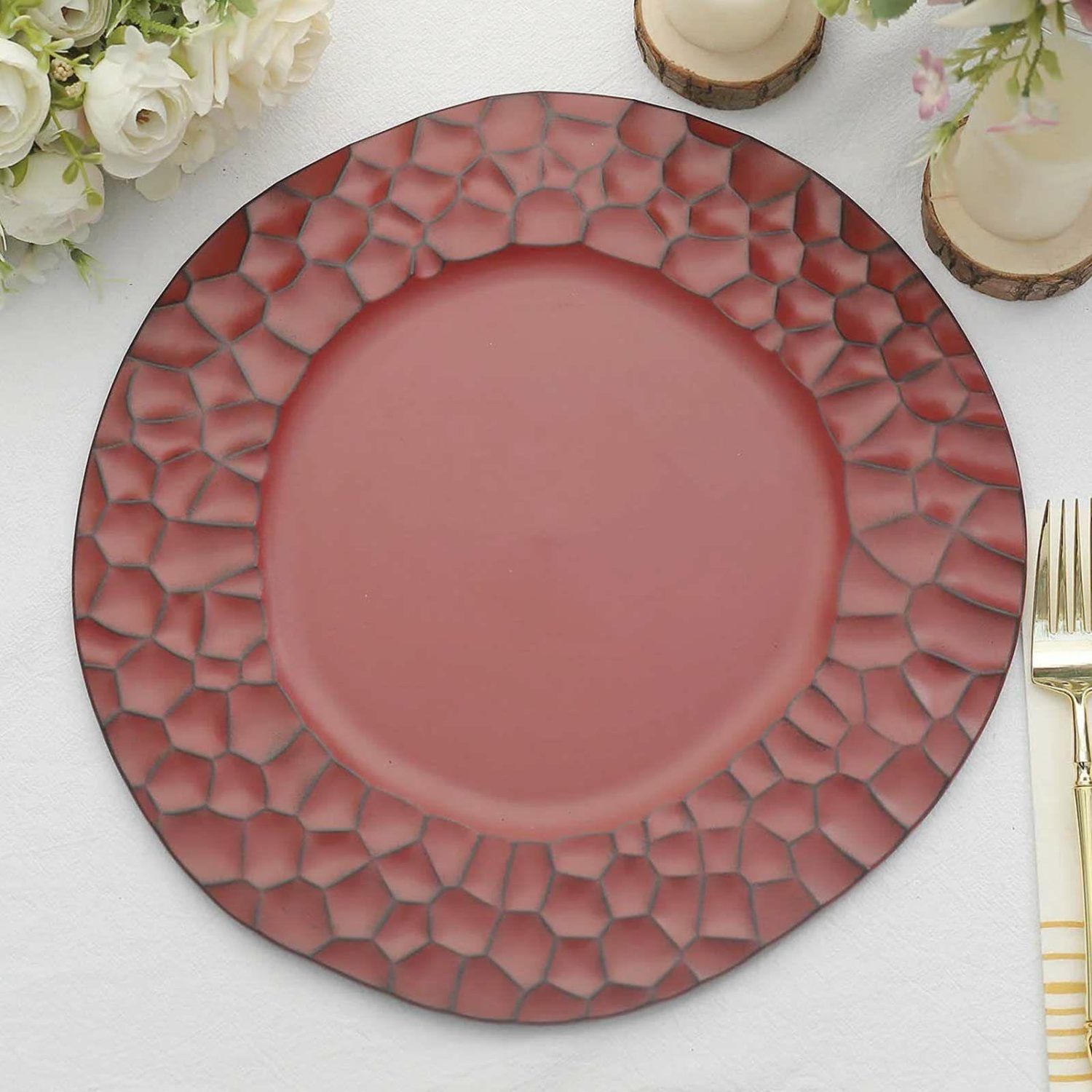 Charger Plates | 6 Pack Matte Finish Burgundy Hammered Charger Plates, Flat Modern Dinner Serving Plates – 13″ Charger Plates Burgundy