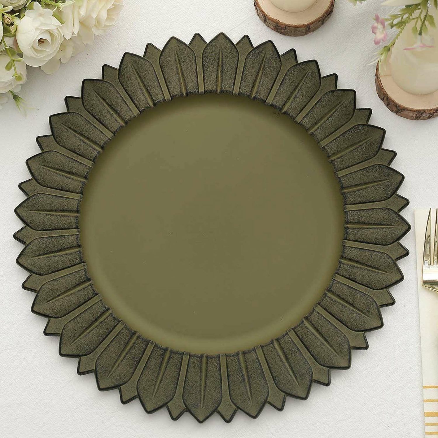 Charger Plates | 6 Pack Matte Olive Green Sunflower Plastic Dinner Charger Plates, Disposable Round Serving Trays 13″ Charger Plates Charger Plates