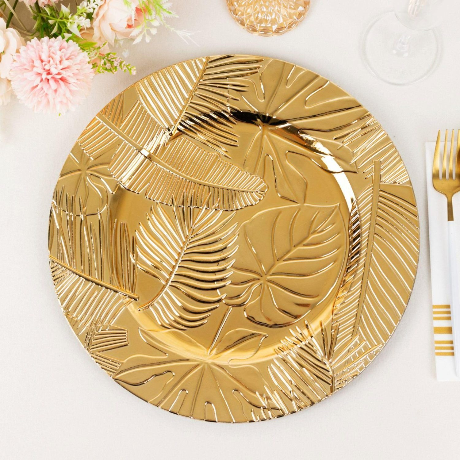 Charger Plates | 6 Pack Metallic Gold Acrylic Plastic Serving Plates With Embossed Tropical Leaves, 13″ Round Decorative Dinner Charger Plates Charger Plates Charger Plates