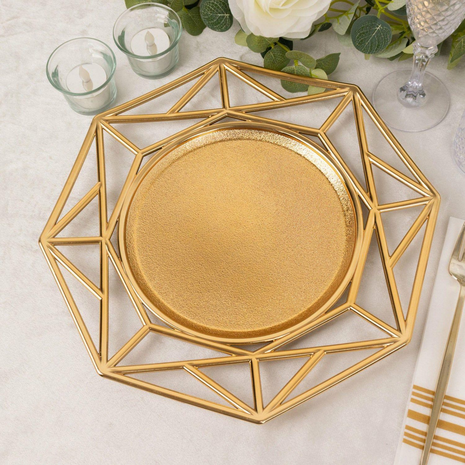 Charger Plates | 6 Pack Metallic Gold Octagon Acrylic Plastic Serving Plates, 13″ Decorative Charger Plates With Hollow Geometric Rim Charger Plates Charger Plates