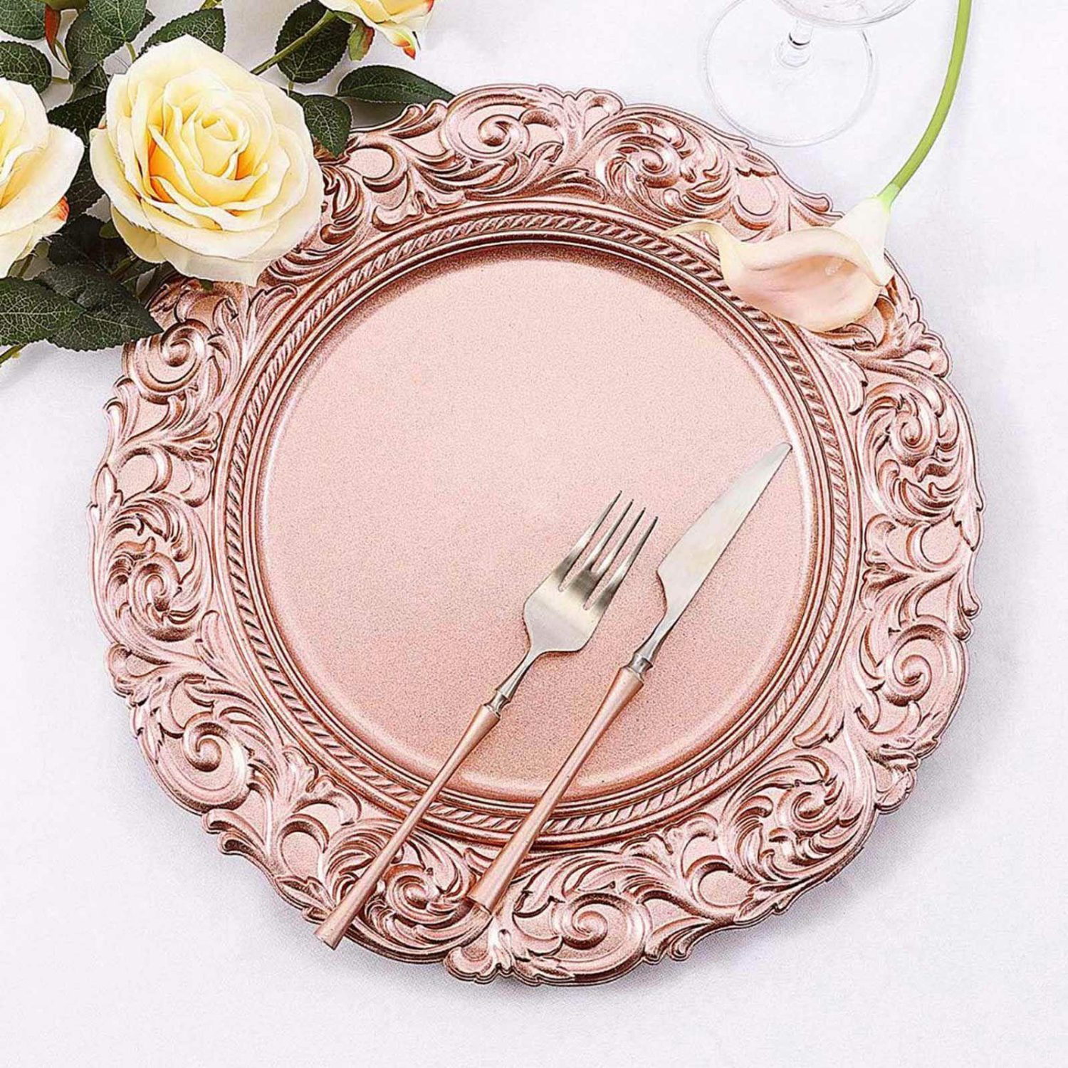 Charger Plates | 6 Pack Metallic Rose Gold Vintage Plastic Serving Plates With Engraved Baroque Rim, Round Disposable Charger Plates 14″ Charger Plates Charger Plates