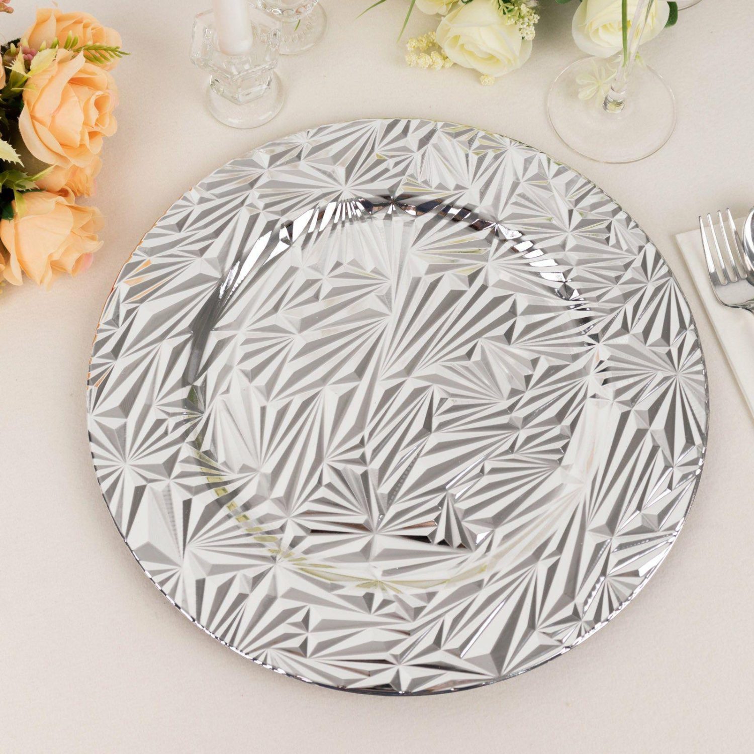 Charger Plates | 6 Pack Metallic Silver Rock Cut Acrylic Charger Plates, 13″ Round Plastic Dinner Serving Plates Charger Plates Charger Plates