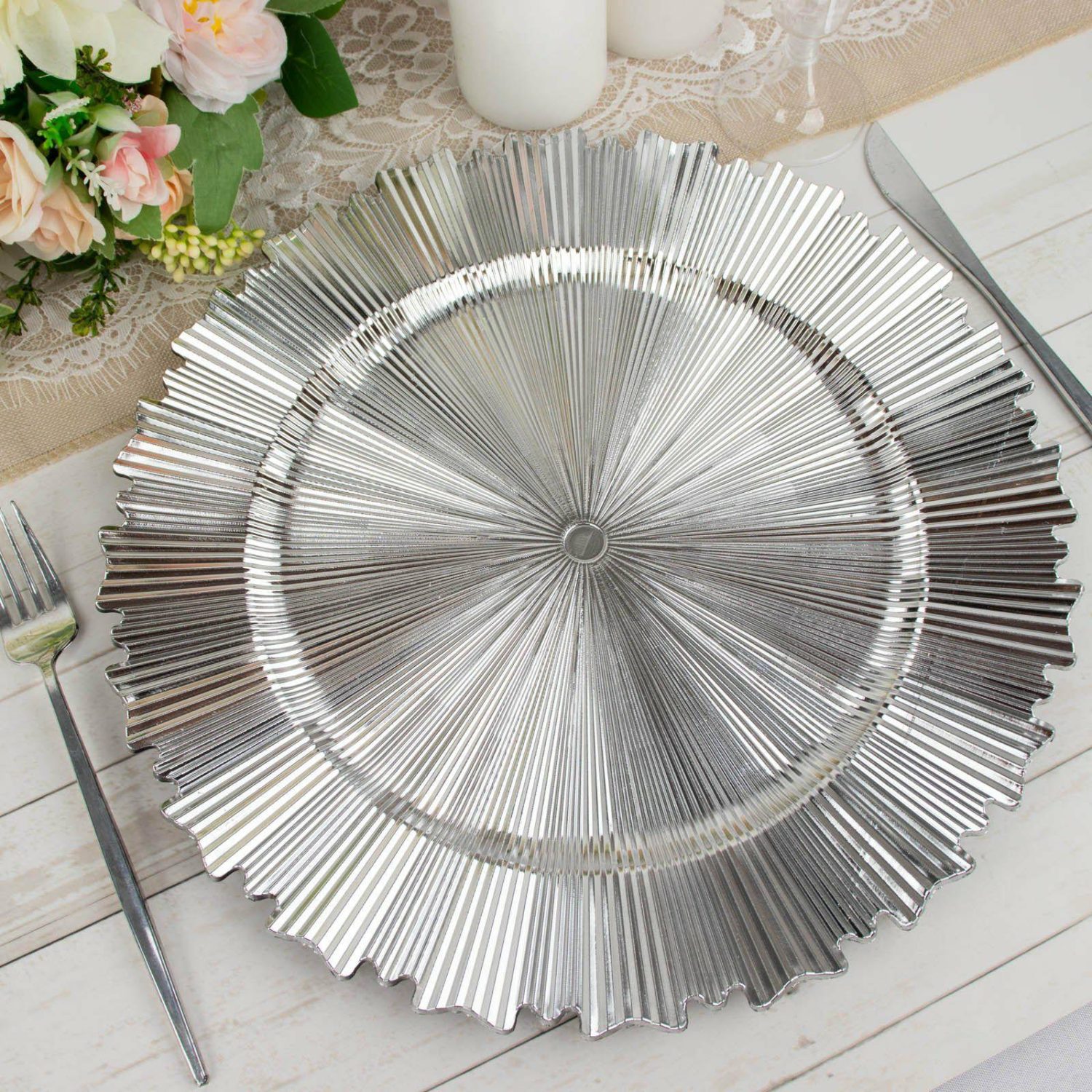 Charger Plates | 6 Pack Metallic Silver Sunray Acrylic Plastic Serving Plates, Round Scalloped Rim Disposable Charger Plates 13″ Charger Plates Charger Plates