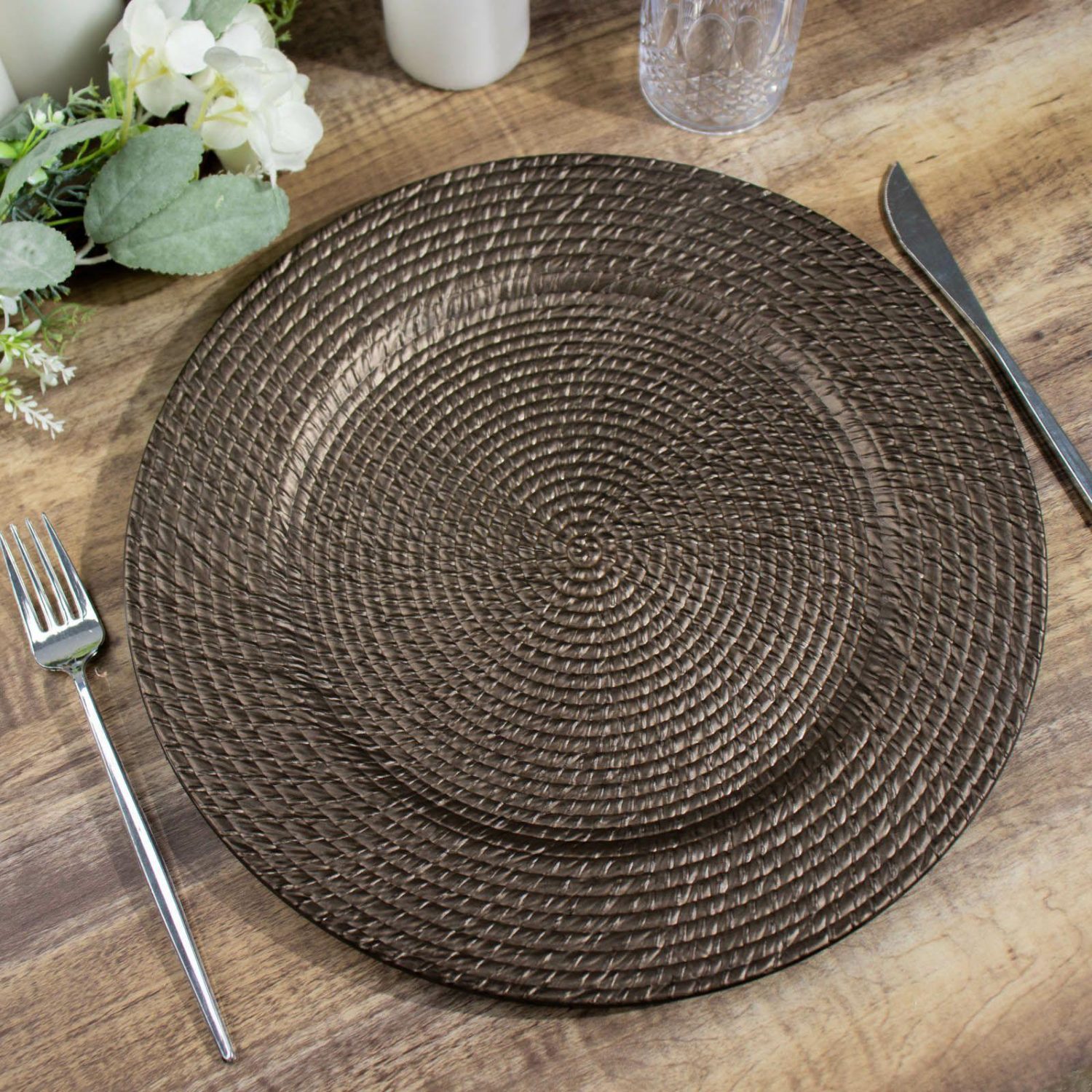 Charger Plates | 6 Pack Natural Brown Acrylic Plastic Rattan-Like Charger Plates, Round Disposable Dinner Serving Plates 13″ Charger Plates Charger Plates