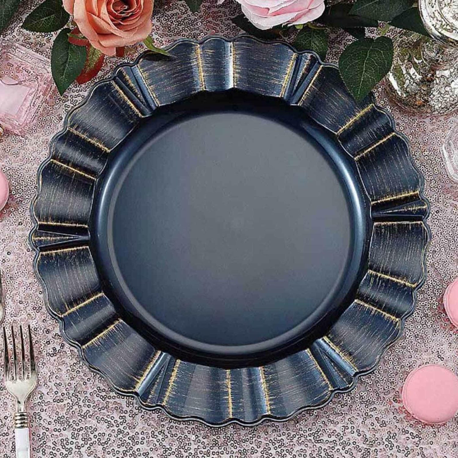 Charger Plates | 6 Pack Navy Blue Acrylic Plastic Charger Plates With Gold Brushed Wavy Scalloped Rim 13″ Round Charger Plates Charger Plates