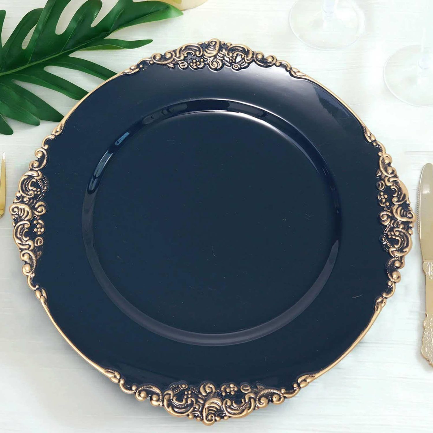 Charger Plates | 6 Pack Navy Blue Gold Embossed Baroque Round Charger Plates With Antique Design Rim 13″ Charger Plates Charger Plates