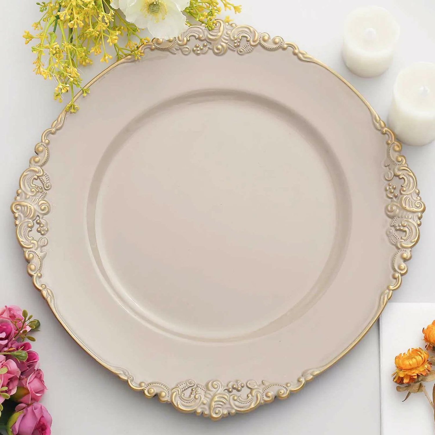 Charger Plates | 6 Pack Nude Taupe Gold Embossed Baroque Round Charger Plates With Antique Design Rim 13″ Charger Plates Charger Plates