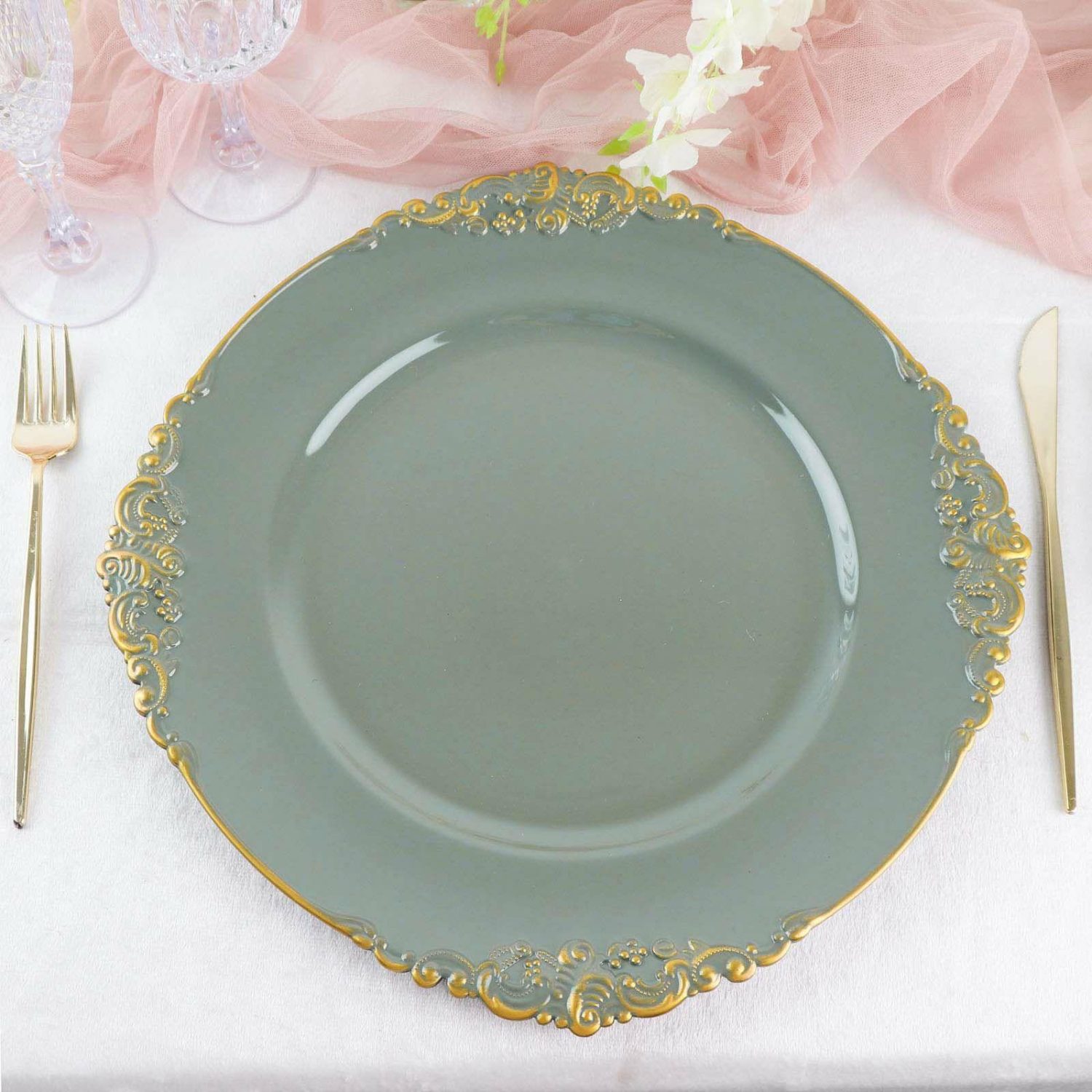 Charger Plates | 6 Pack Olive Green Gold Embossed Baroque Round Charger Plates With Antique Design Rim 13″ Charger Plates Charger Plates